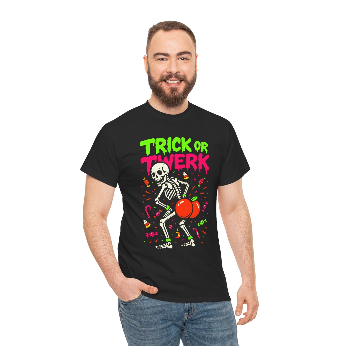 Man wearing a black t-shirt with a skeleton and text design on a white background