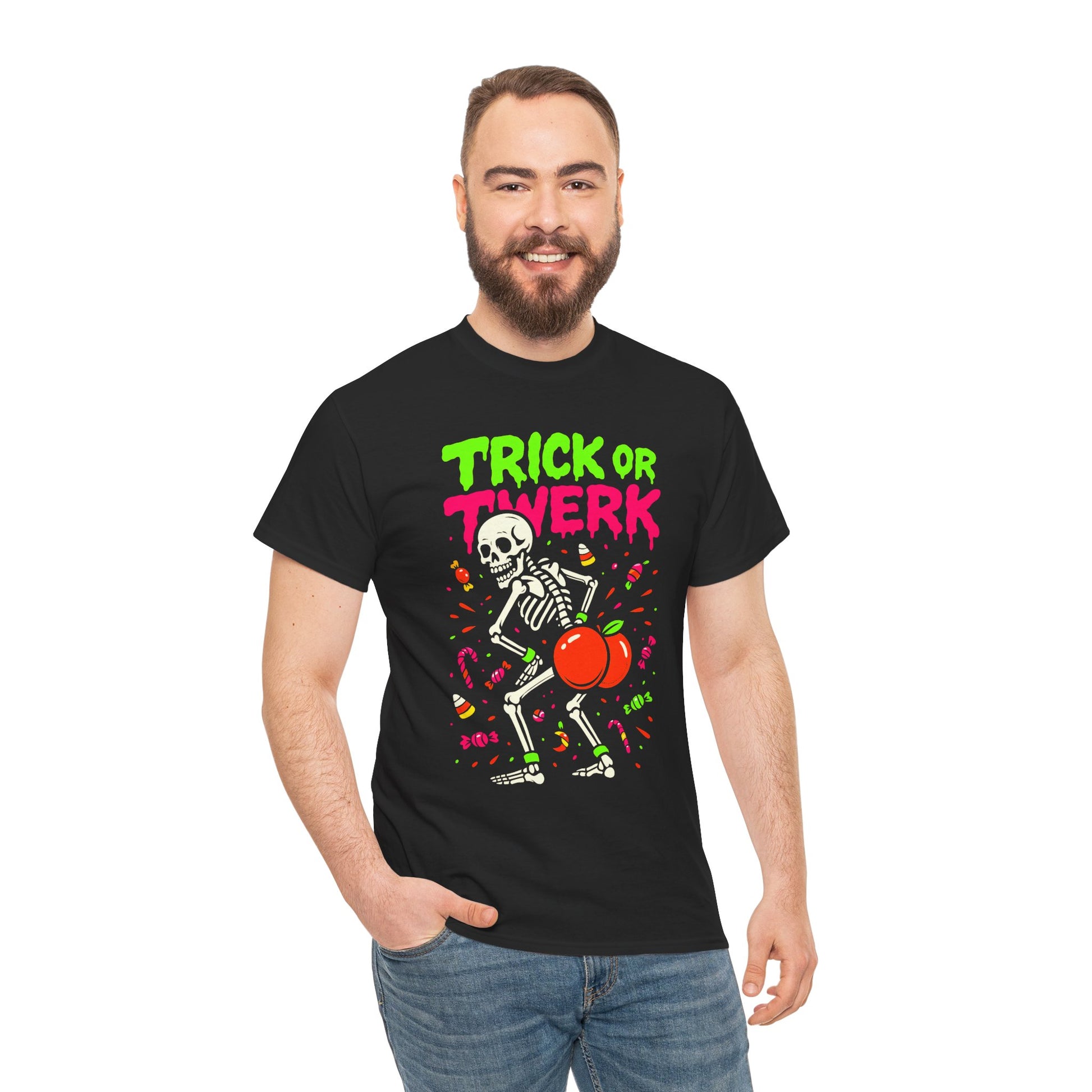 Man wearing a black t-shirt with a skeleton and text design on a white background