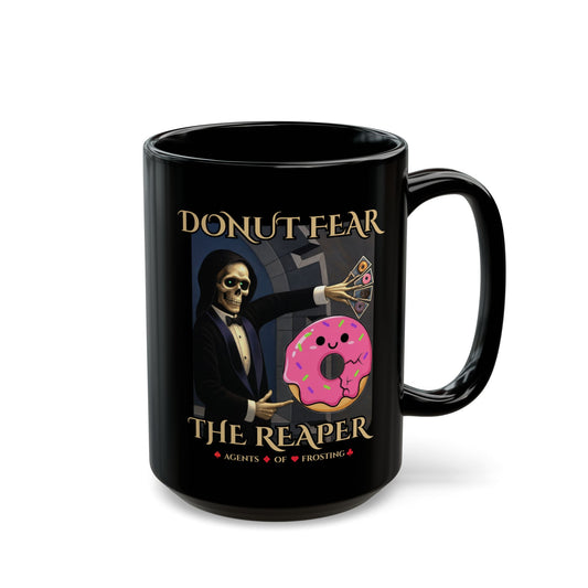 Donut Fear The Reaper Mug | Funny Grim Reaper Coffee Cup | Black Ceramic Mug for Dark Humor