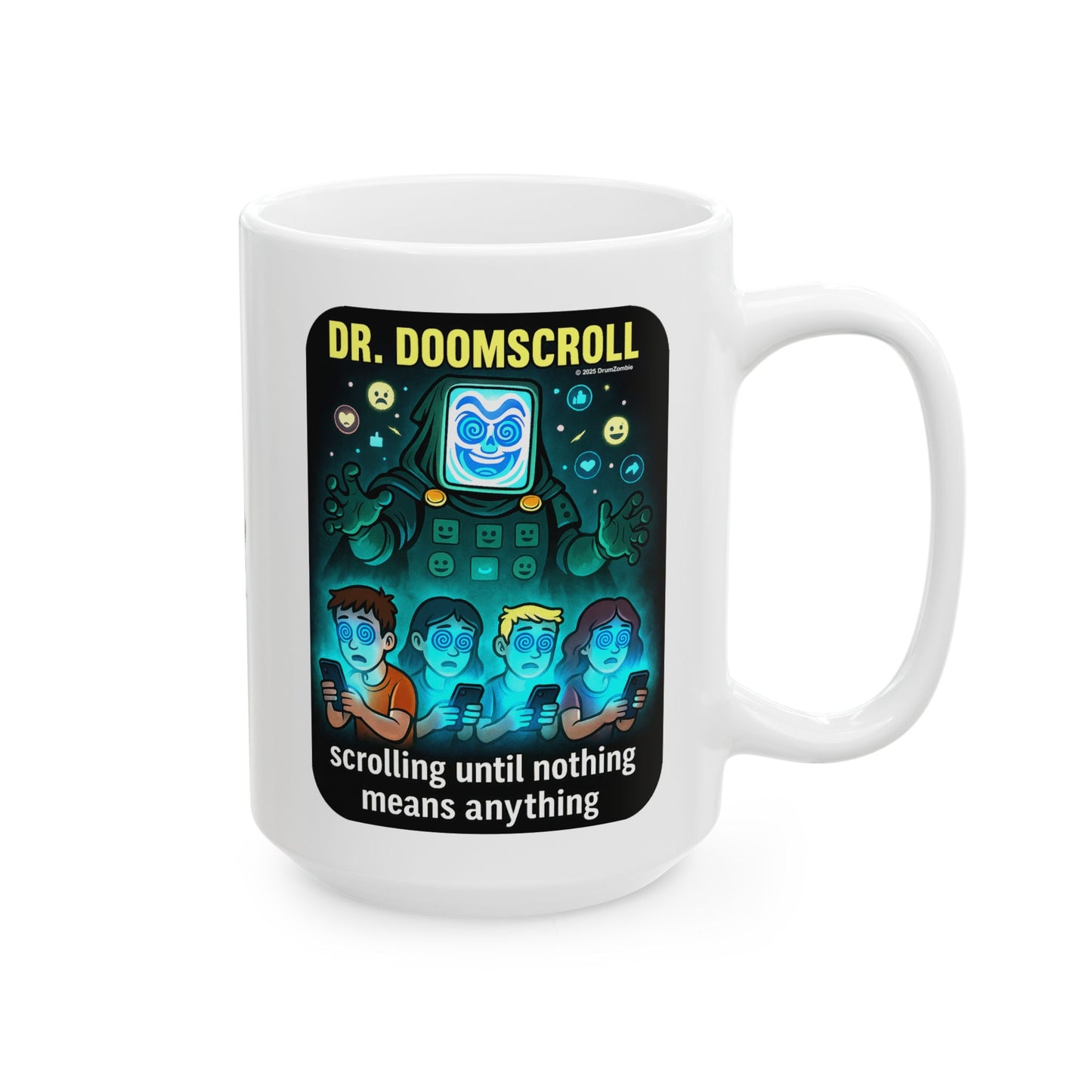 Dr. DoomScroll White Mug – Dark Weird Anti-Scrolling Coffee Cup