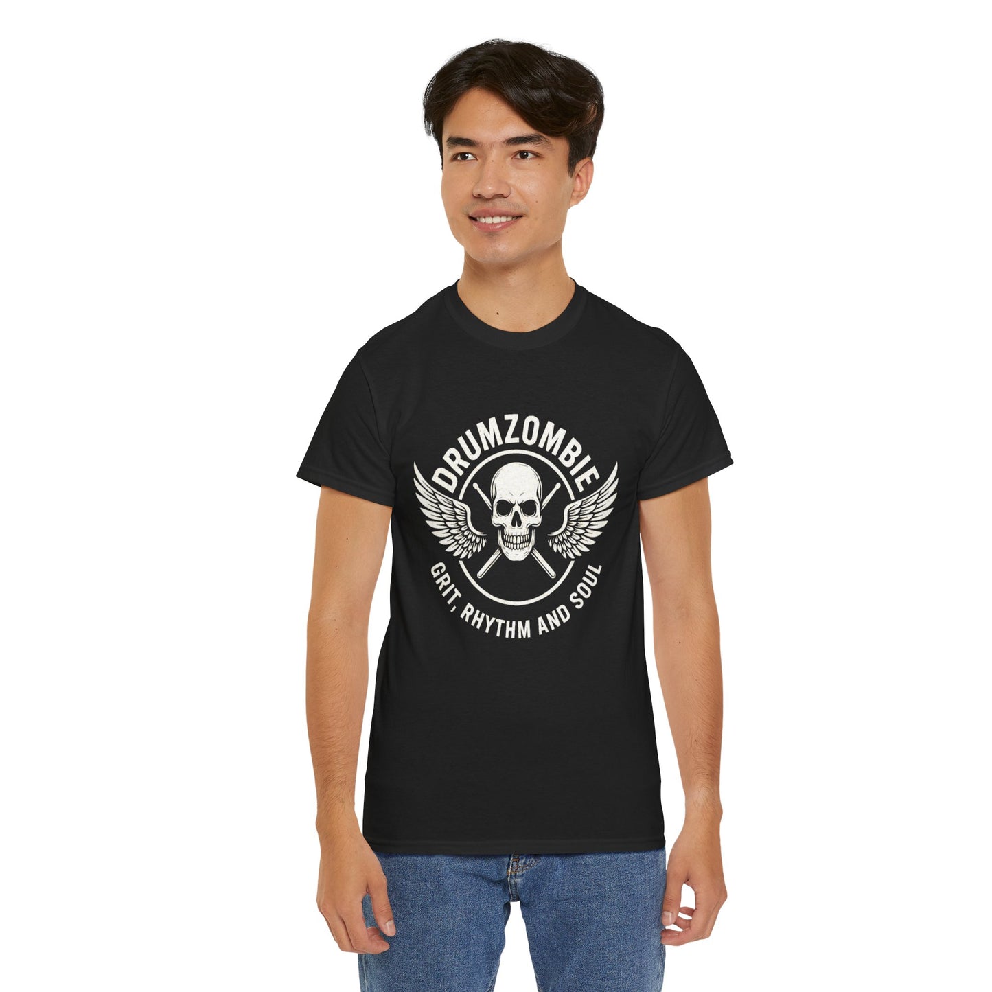 DrumZombie Grit, Rhythm and Soul Tee | Winged Skull Graphic Shirt for Musicians, Drummers, and Rock Fans