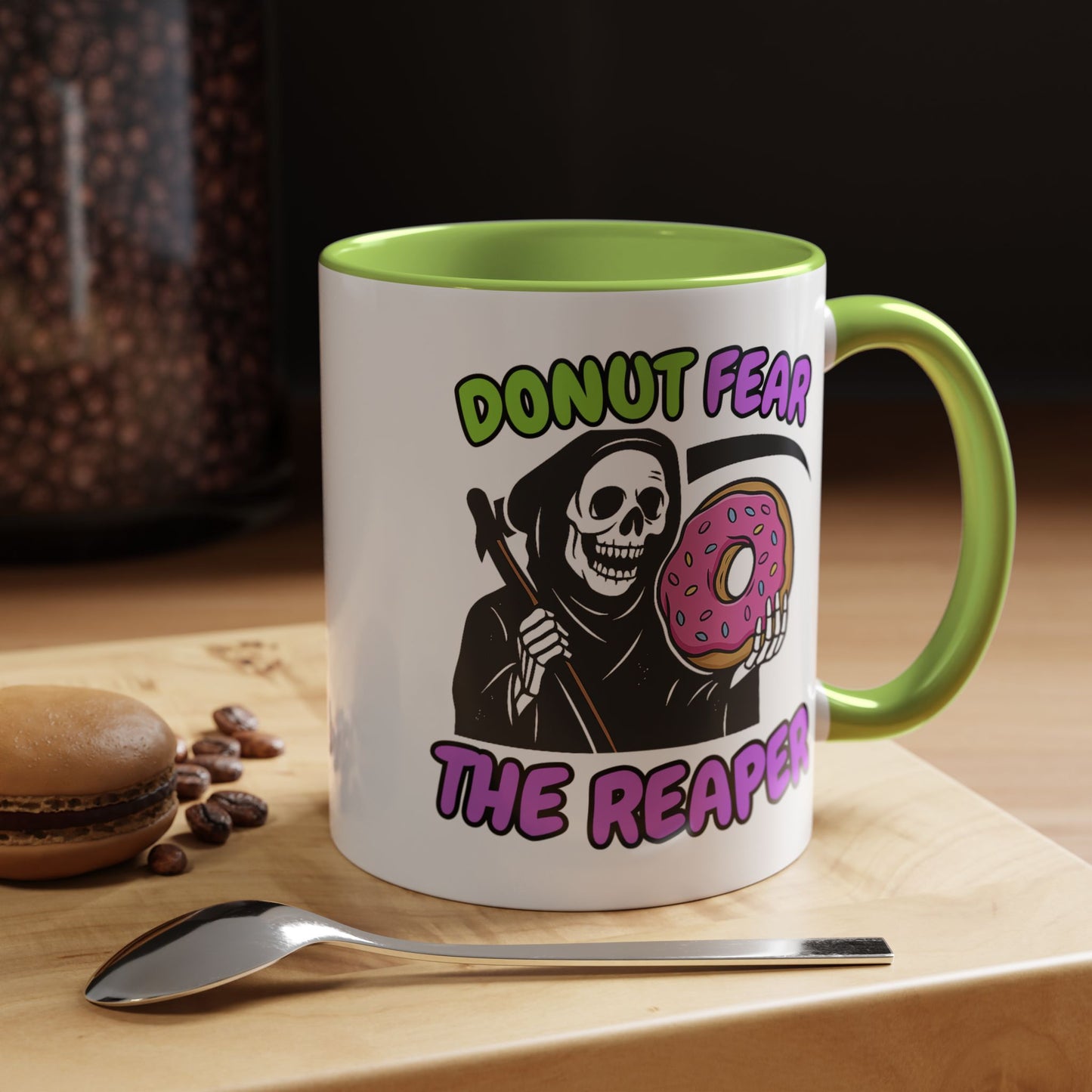 Donut Fear The Reaper Accent Mug | Funny Grim Reaper Coffee Cup | Neon & Black Ceramic Mug | 11oz & 15oz