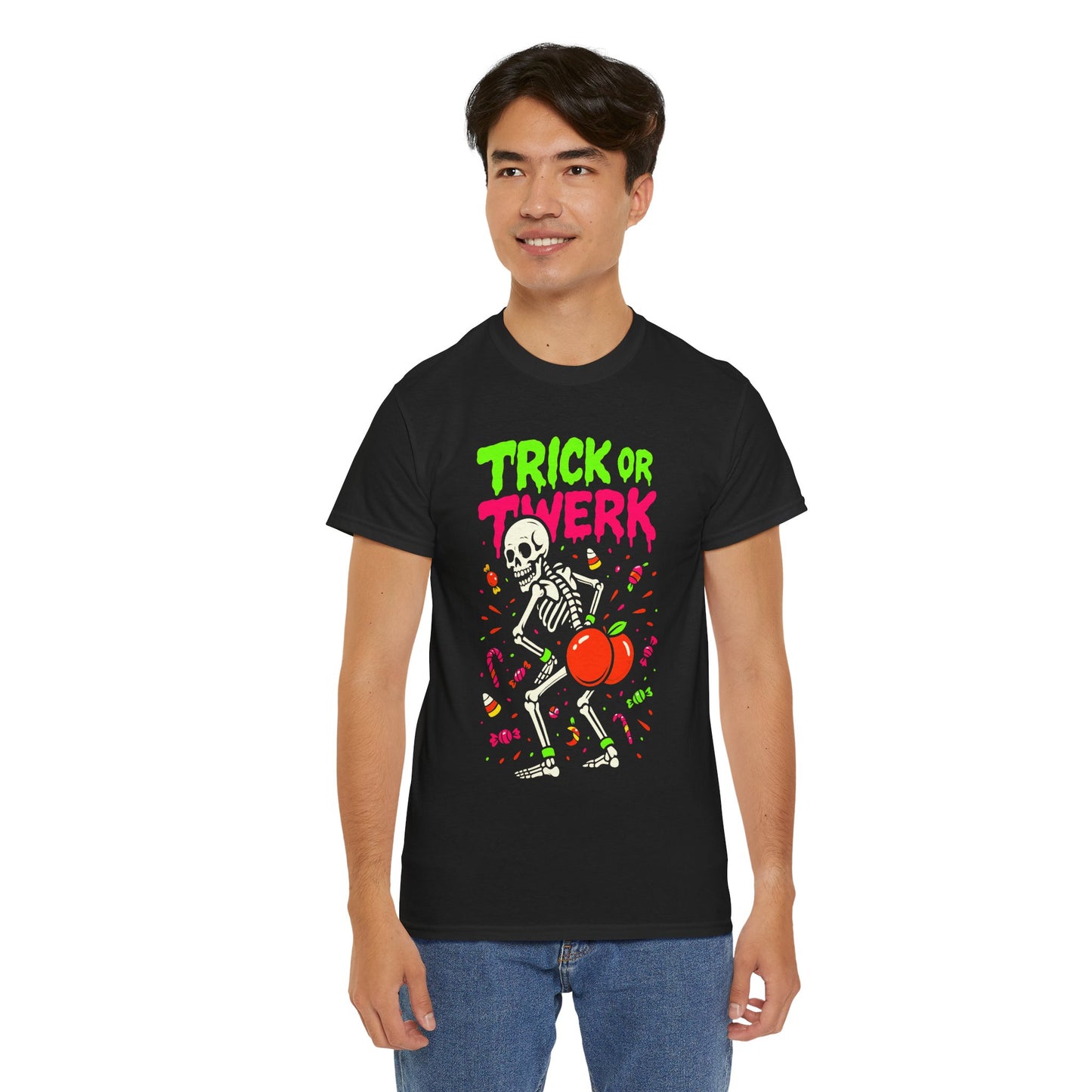 Person wearing a black t-shirt with 'Trick or Twerk' design on a white background