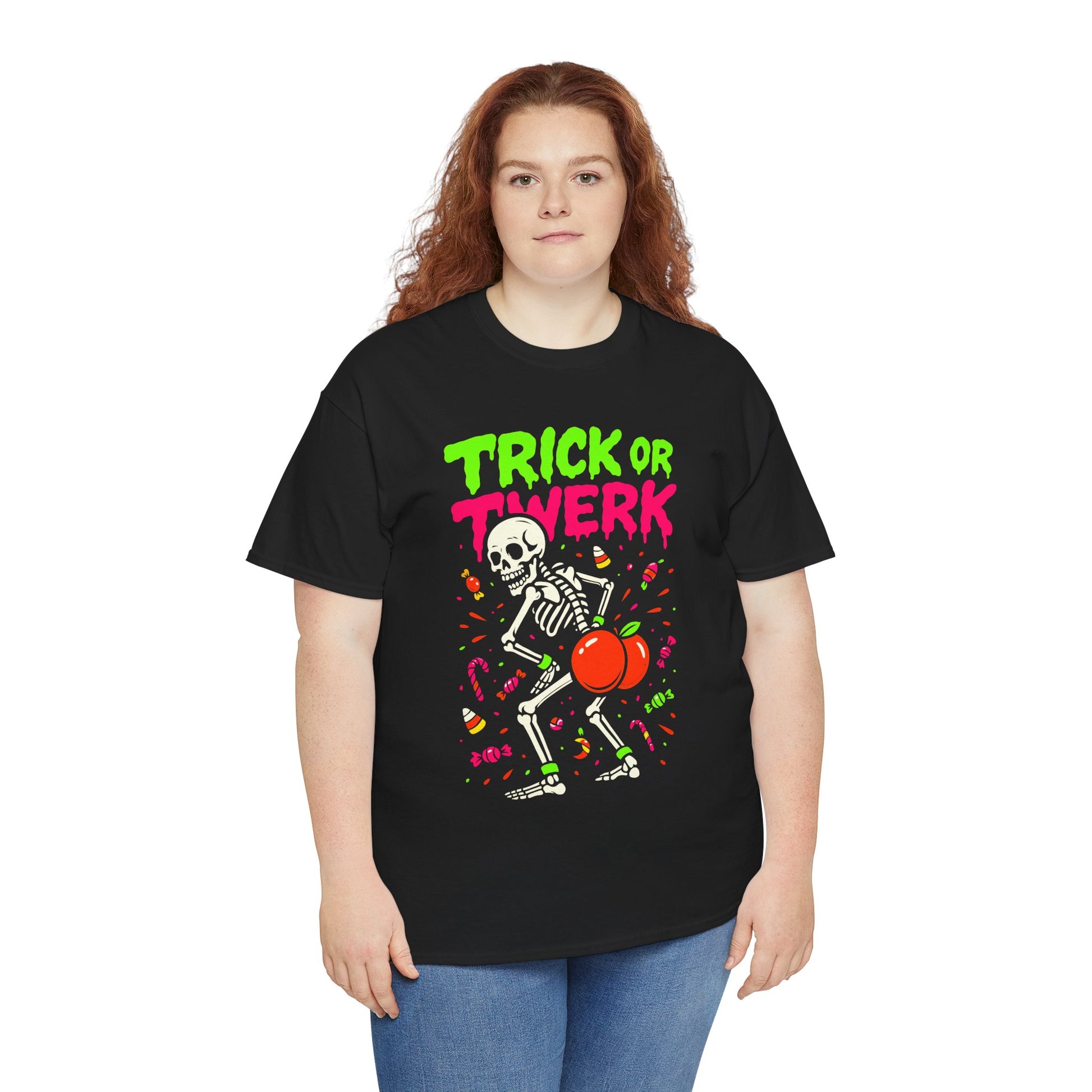 Person wearing a black t-shirt with 'Trick or Twerk' design on a white background