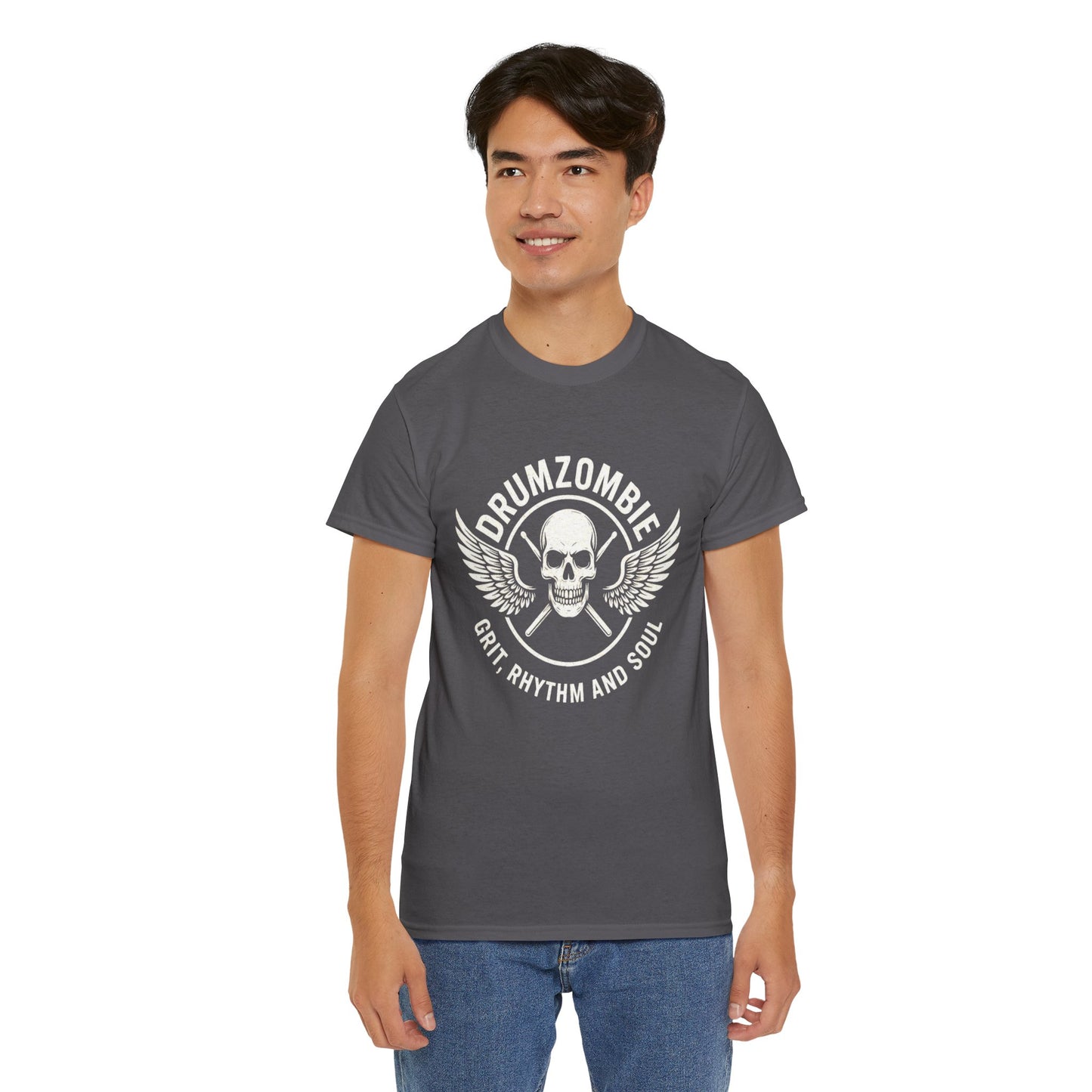 DrumZombie Grit, Rhythm and Soul Tee | Winged Skull Graphic Shirt for Musicians, Drummers, and Rock Fans
