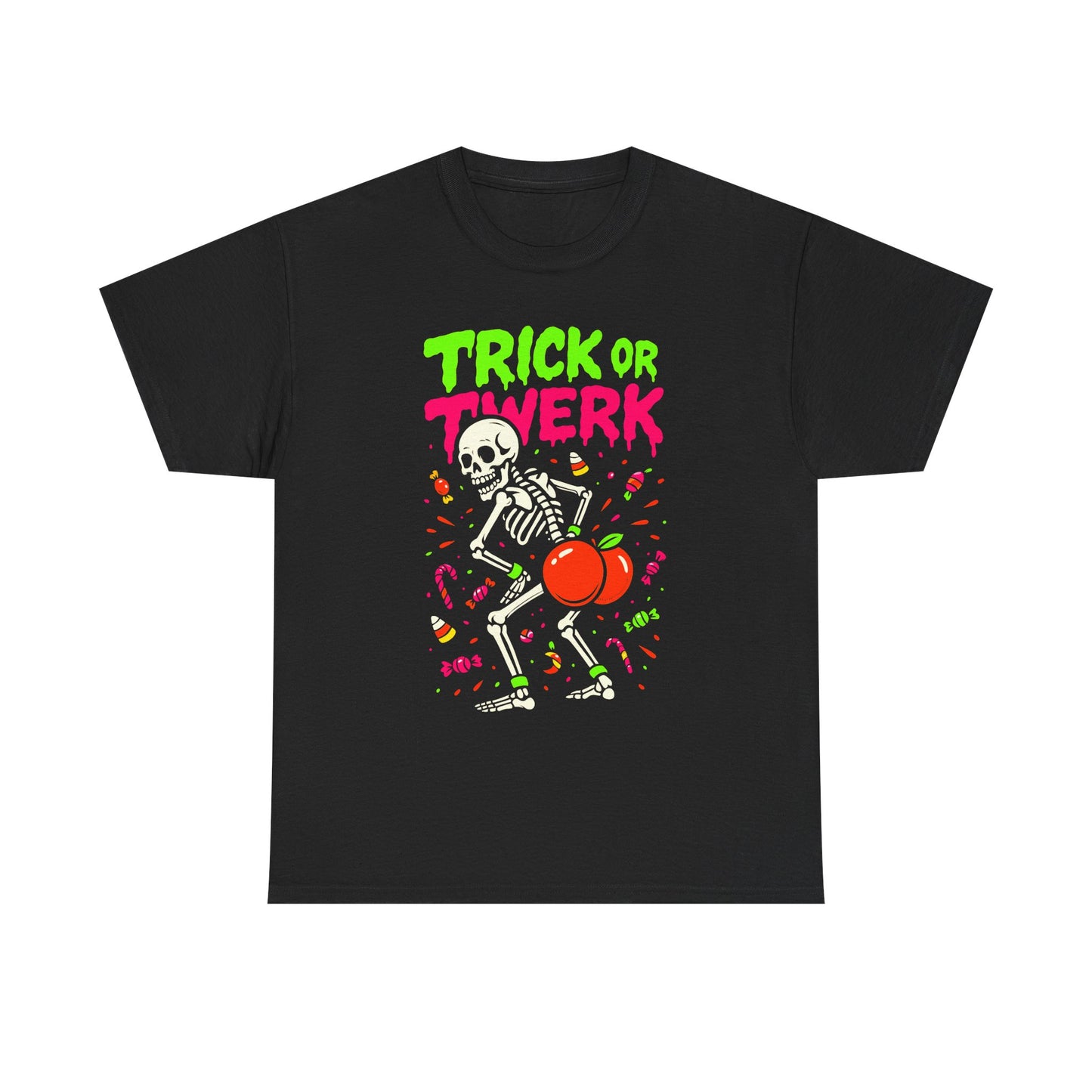 Black t-shirt with a skeleton and 'Trick or Twerk' text on a white background