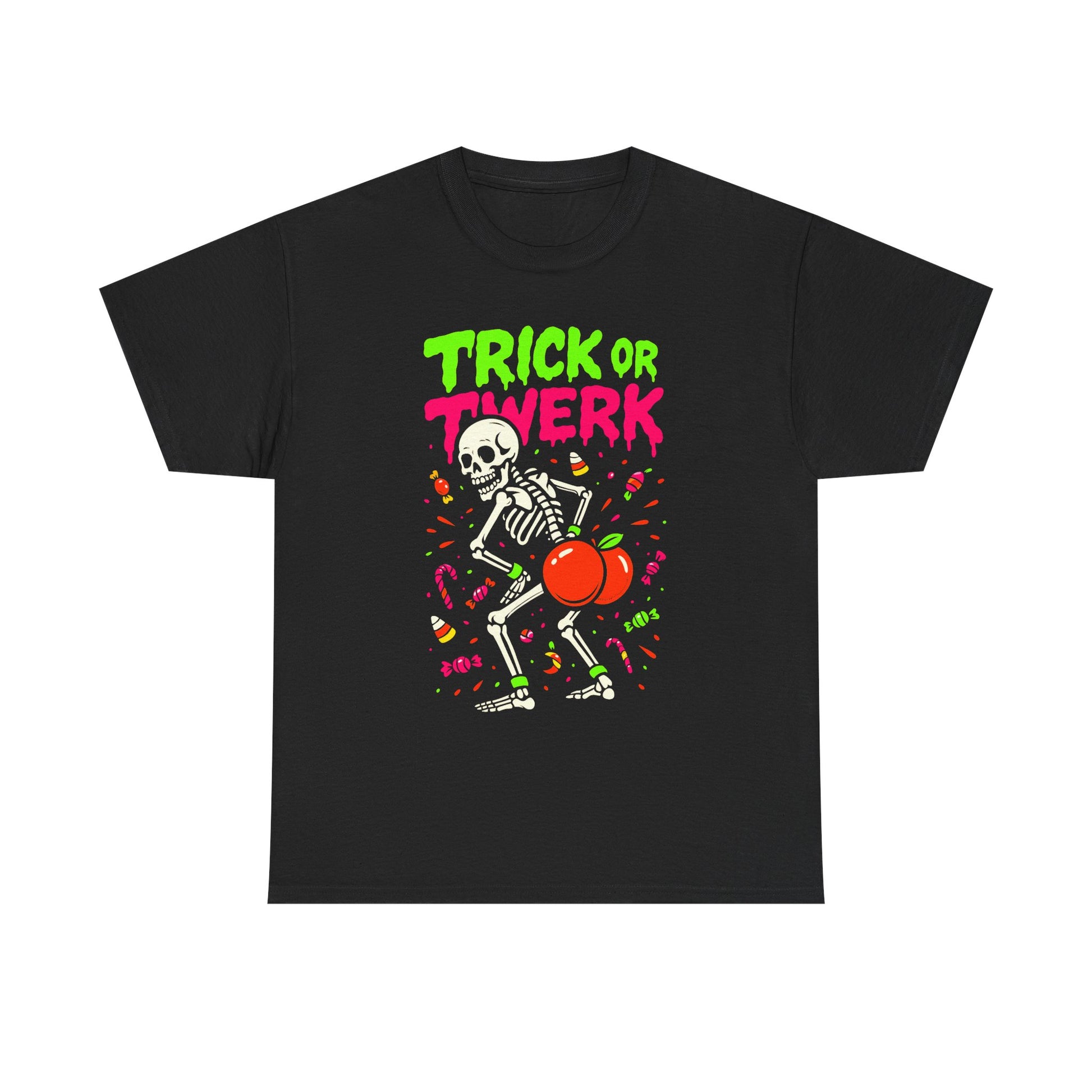 Black t-shirt with a skeleton and 'Trick or Twerk' text on a white background