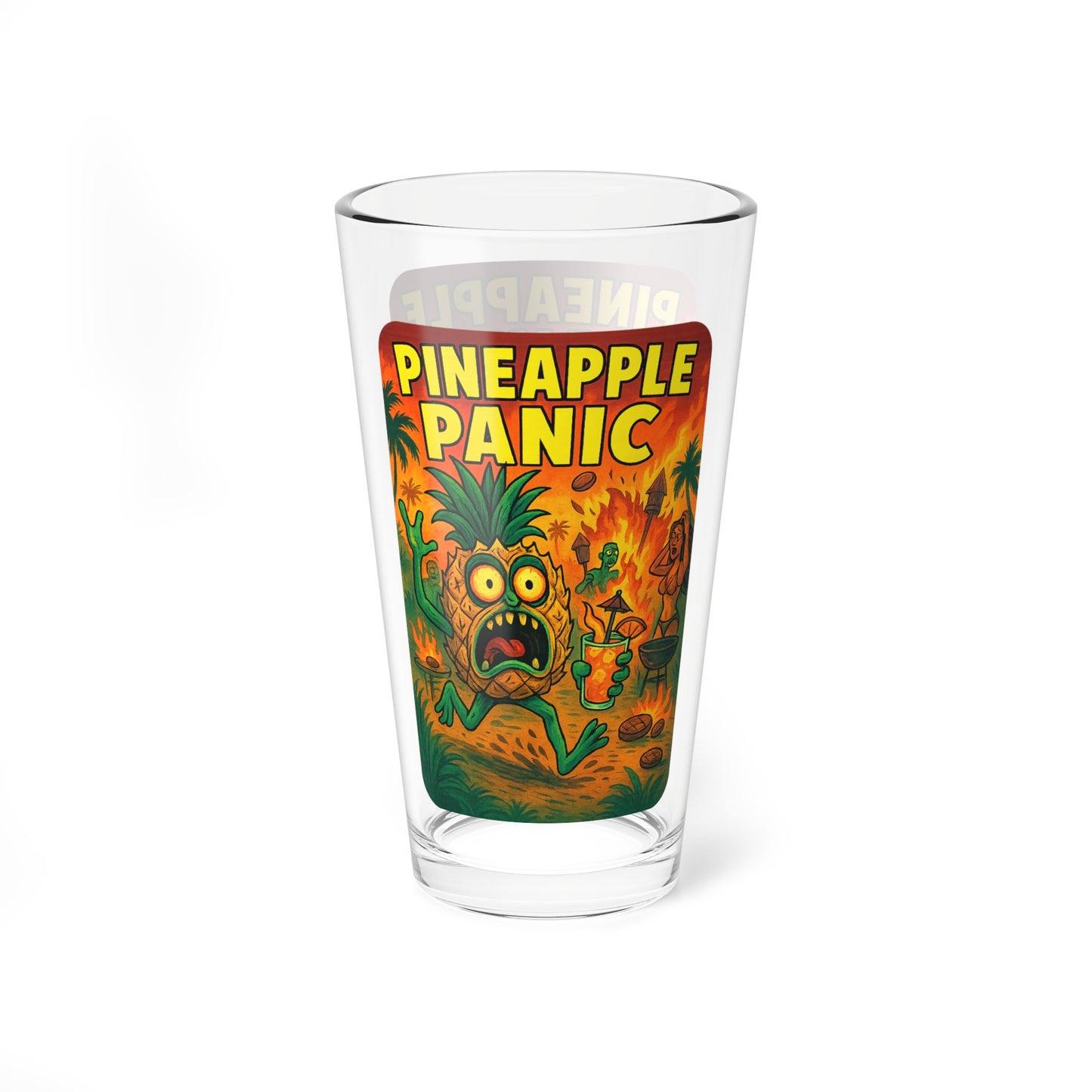 Pineapple Panic Mixing Glass – 16oz Tropical Cocktail Shaker with Dual-Sided Zombie Art | DrumZombie Island Drinkware
