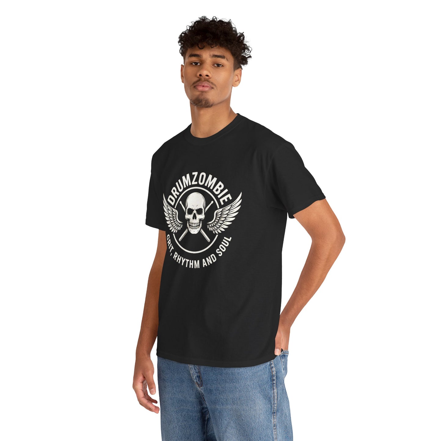 DrumZombie Grit, Rhythm and Soul Tee | Winged Skull Graphic Shirt for Musicians, Drummers, and Rock Fans