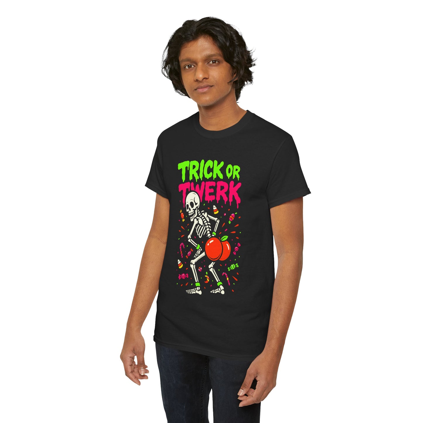 Person wearing a black t-shirt with a colorful skeleton design and text on a white background