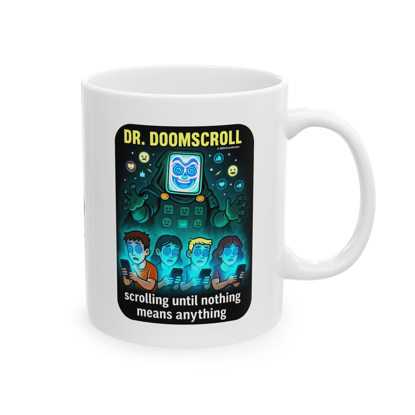 Dr. DoomScroll White Mug – Dark Weird Anti-Scrolling Coffee Cup