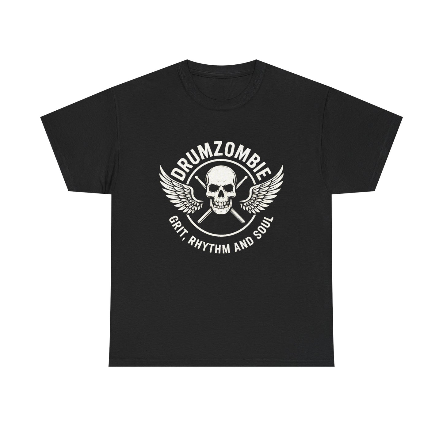 DrumZombie Grit, Rhythm and Soul Tee | Winged Skull Graphic Shirt for Musicians, Drummers, and Rock Fans