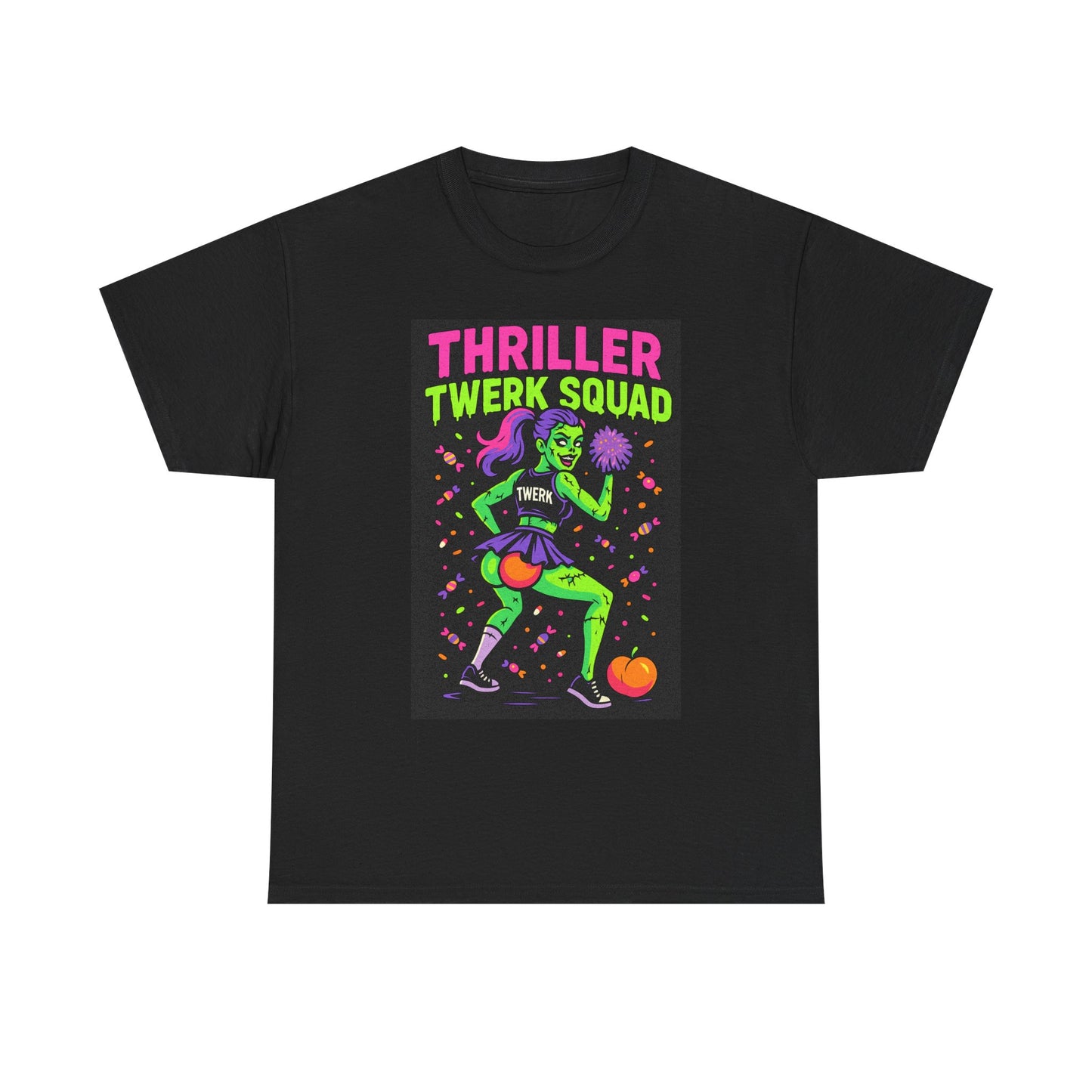 Thriller Twerk Squad Halloween shirt featuring Zara Splitskull supernatural cheerleader design on premium black cotton tee