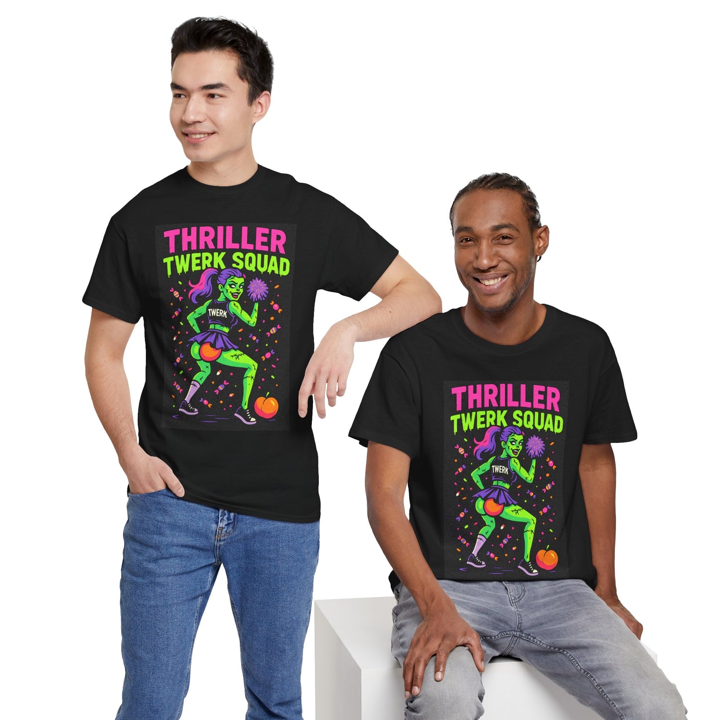Thriller Twerk Squad Halloween shirt featuring Zara Splitskull supernatural cheerleader design on premium black cotton tee