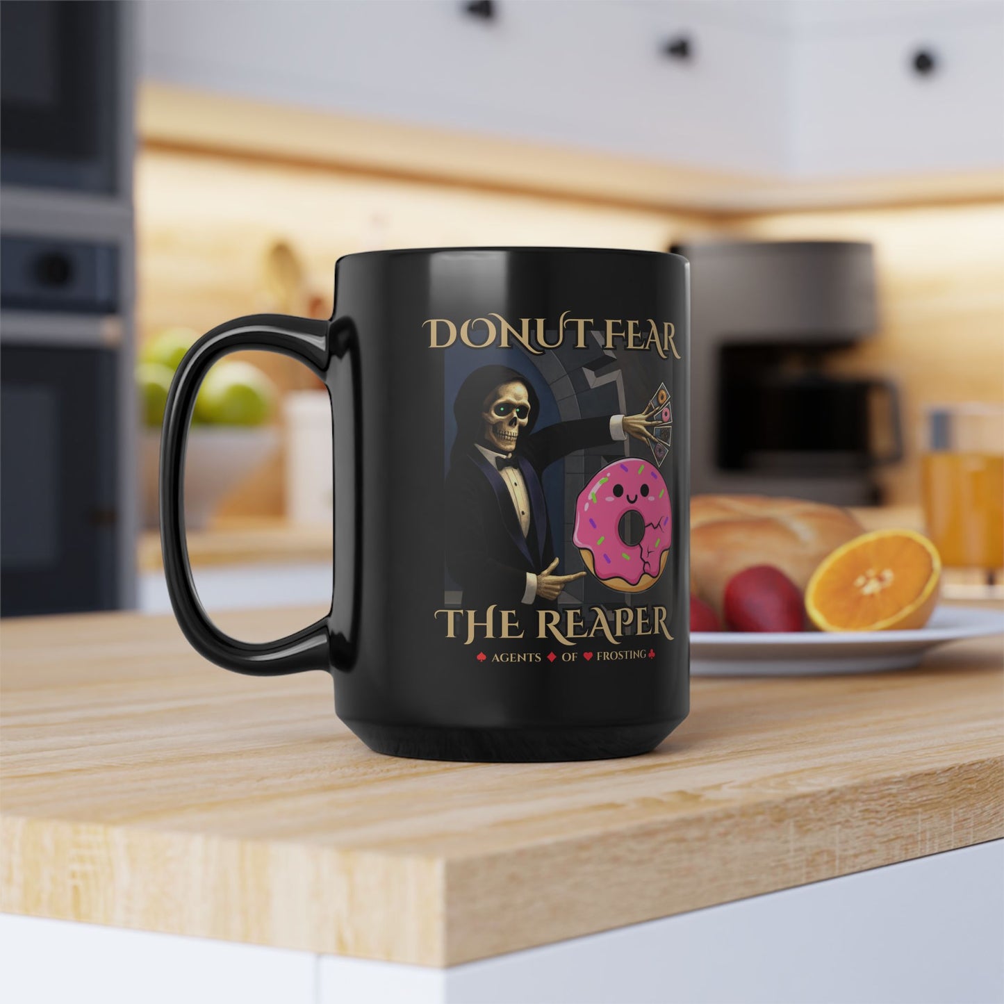 Donut Fear The Reaper Mug | Funny Grim Reaper Coffee Cup | Black Ceramic Mug for Dark Humor