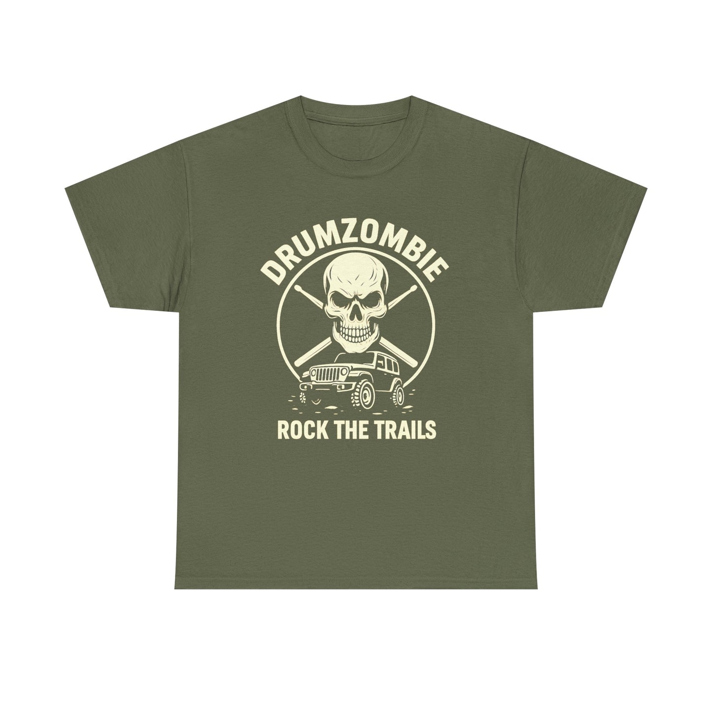 DrumZombie Rock the Trails T-Shirt | Skull & Jeep Graphic Tee for Off-Roaders, Drummers, Music Fans