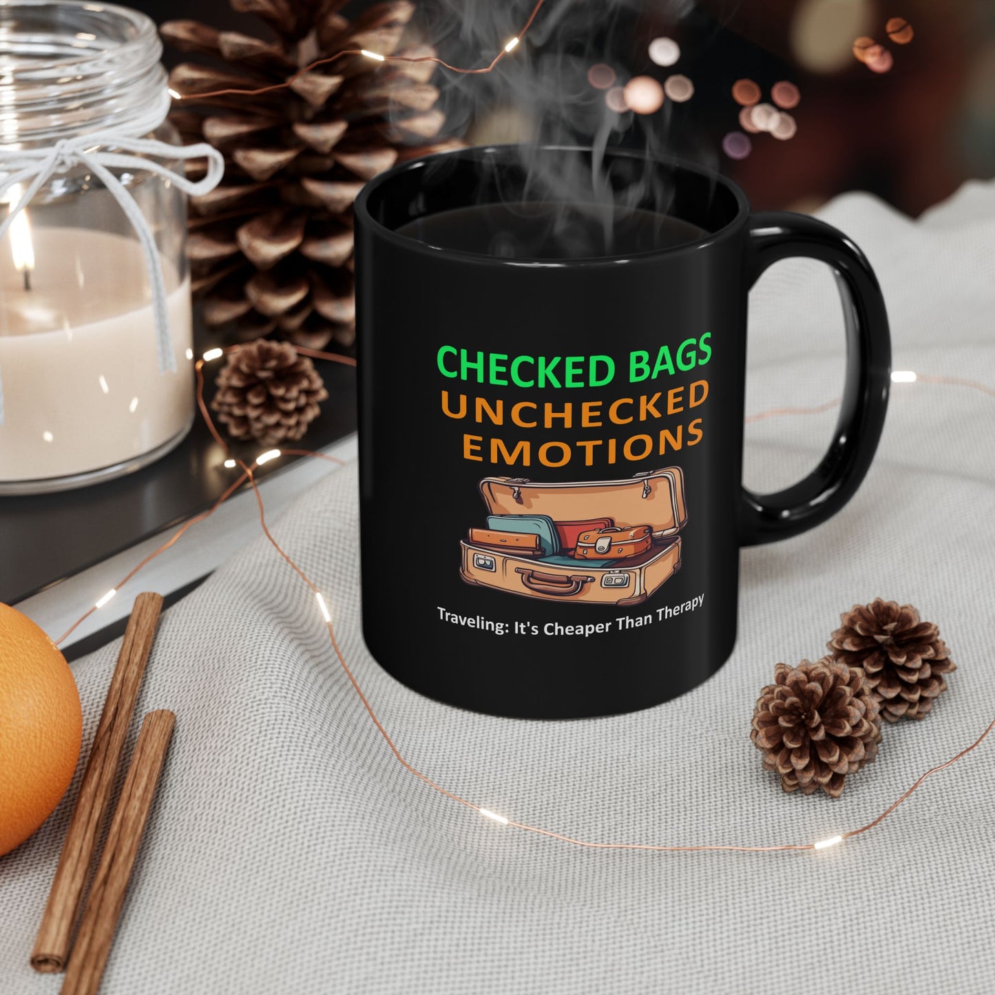Ceramic travel therapy mug with bold “Checked Bags, Unchecked Emotions” text and vintage suitcase art