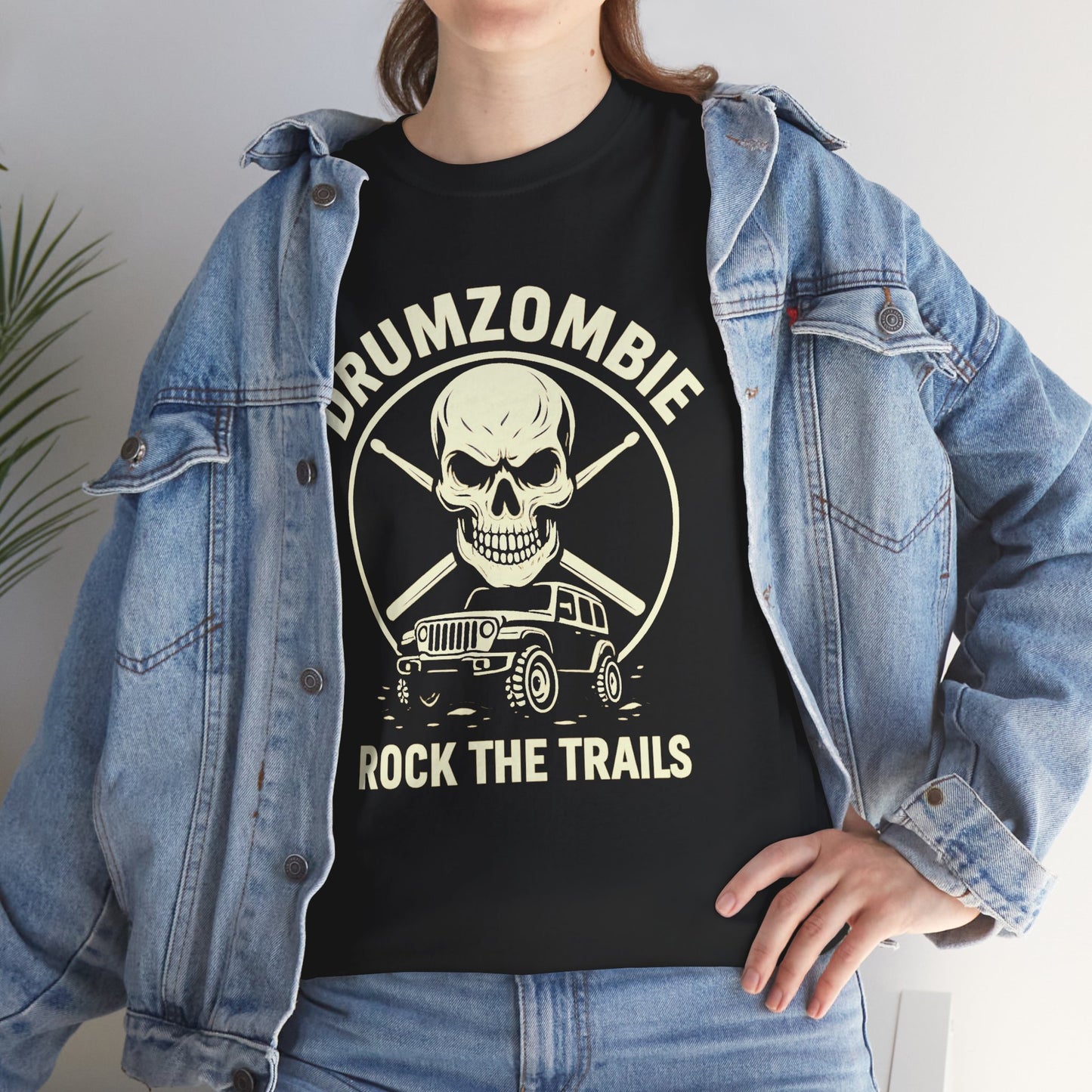DrumZombie Rock the Trails T-Shirt | Skull & Jeep Graphic Tee for Off-Roaders, Drummers, Music Fans