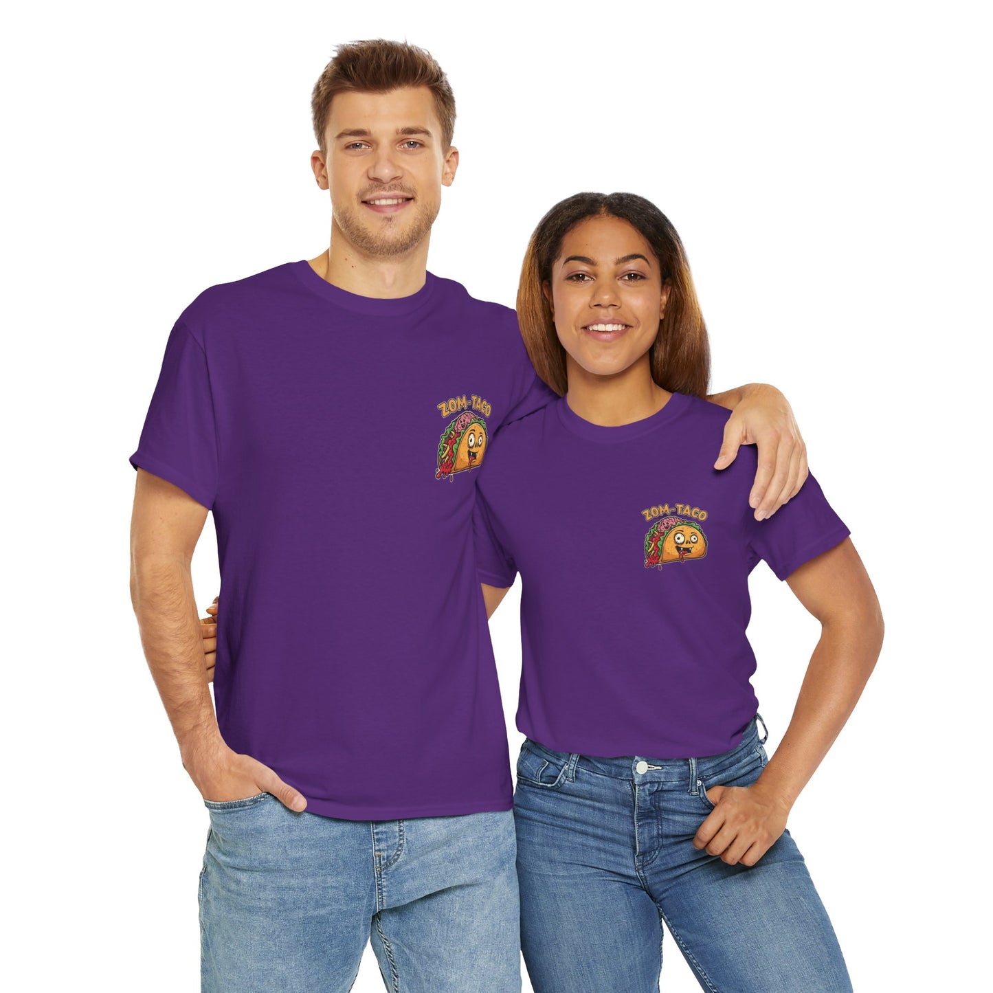Two people wearing purple t-shirts with a logo on a white background