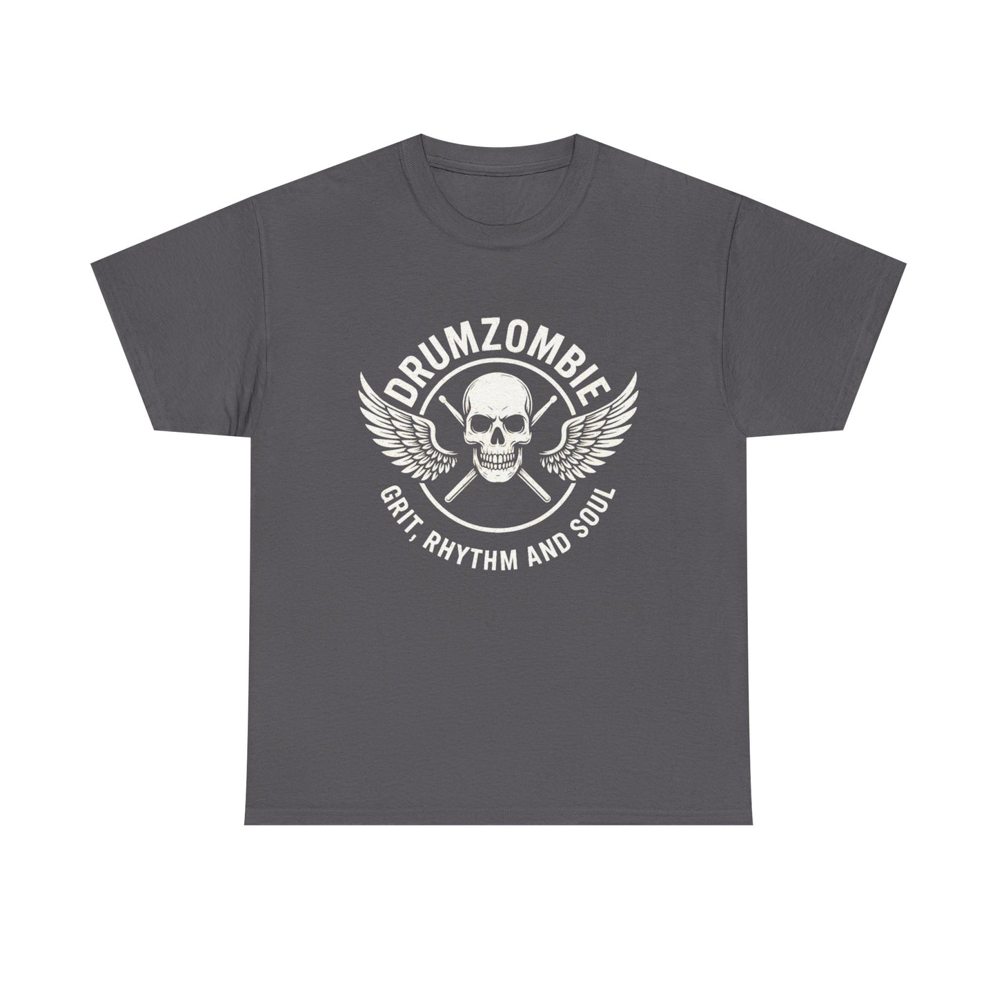 DrumZombie Grit, Rhythm and Soul Tee | Winged Skull Graphic Shirt for Musicians, Drummers, and Rock Fans