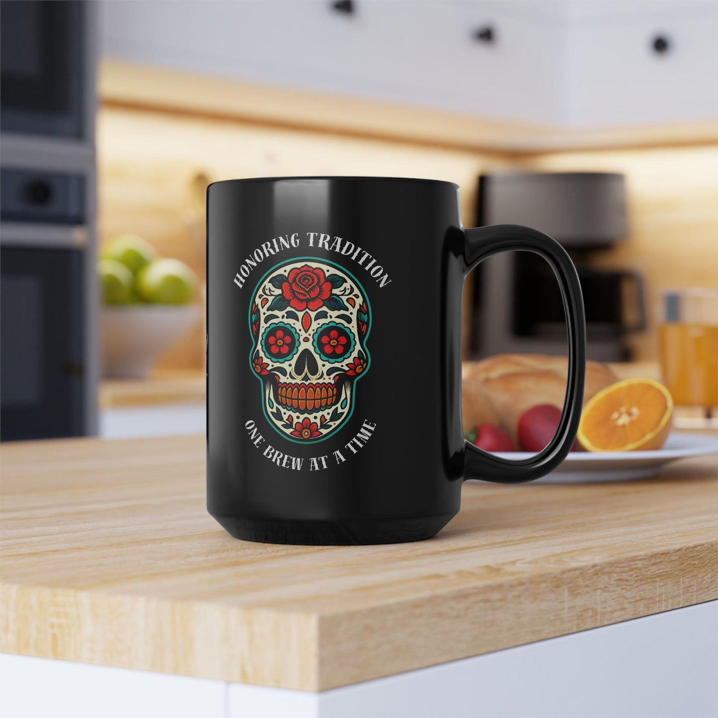 Black ceramic mug with traditional Day of the Dead sugar skull design featuring "Honoring Tradition, One Brew at a Time" text