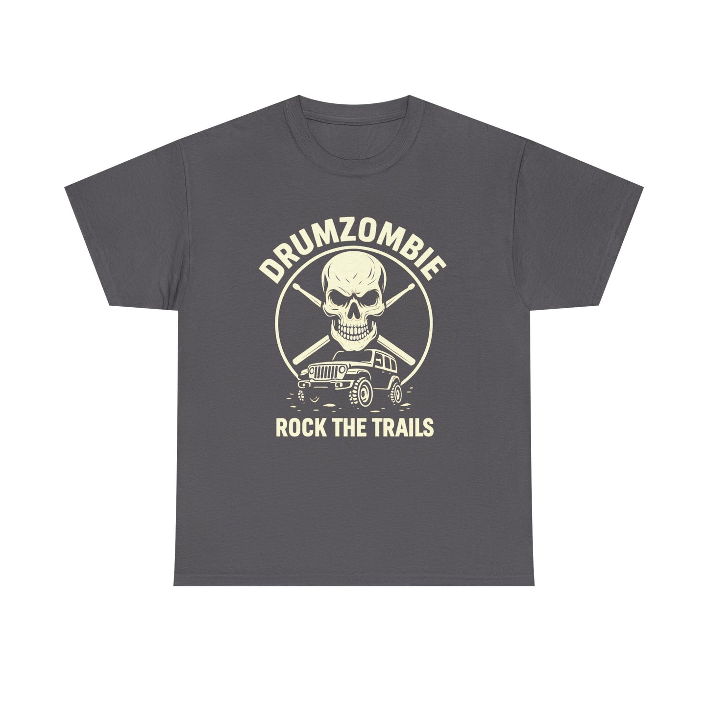 DrumZombie Rock the Trails T-Shirt | Skull & Jeep Graphic Tee for Off-Roaders, Drummers, Music Fans