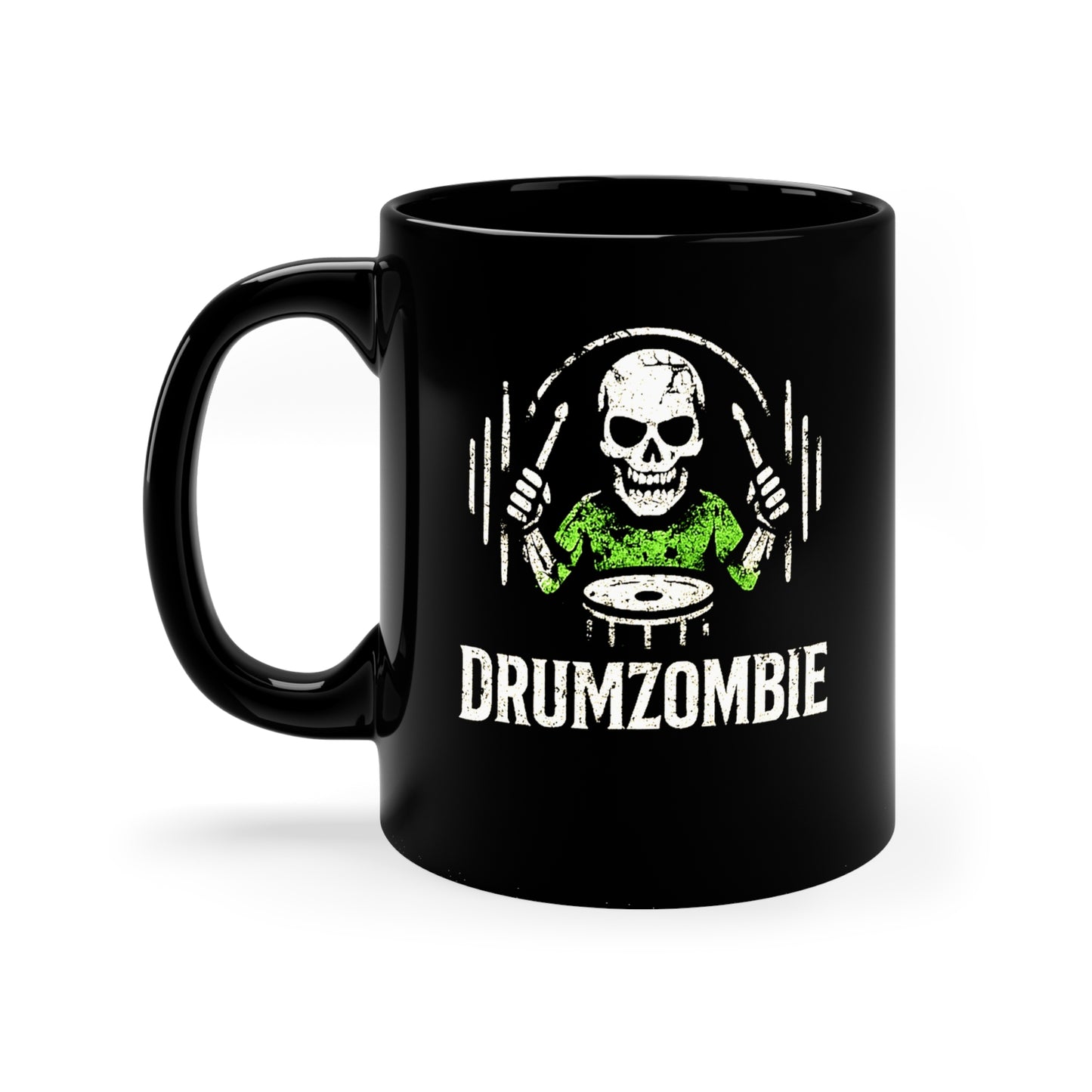 Drumzombie Coffee Mug, Skull Drummer Gift, Black Ceramic Coffee Cup for Musicians, Halloween Decor, Drummer's Present