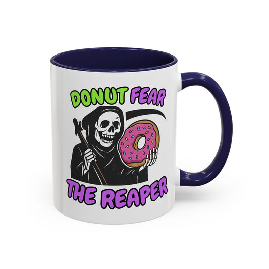 Donut Fear The Reaper Accent Mug | Funny Grim Reaper Coffee Cup | Neon & Black Ceramic Mug | 11oz & 15oz