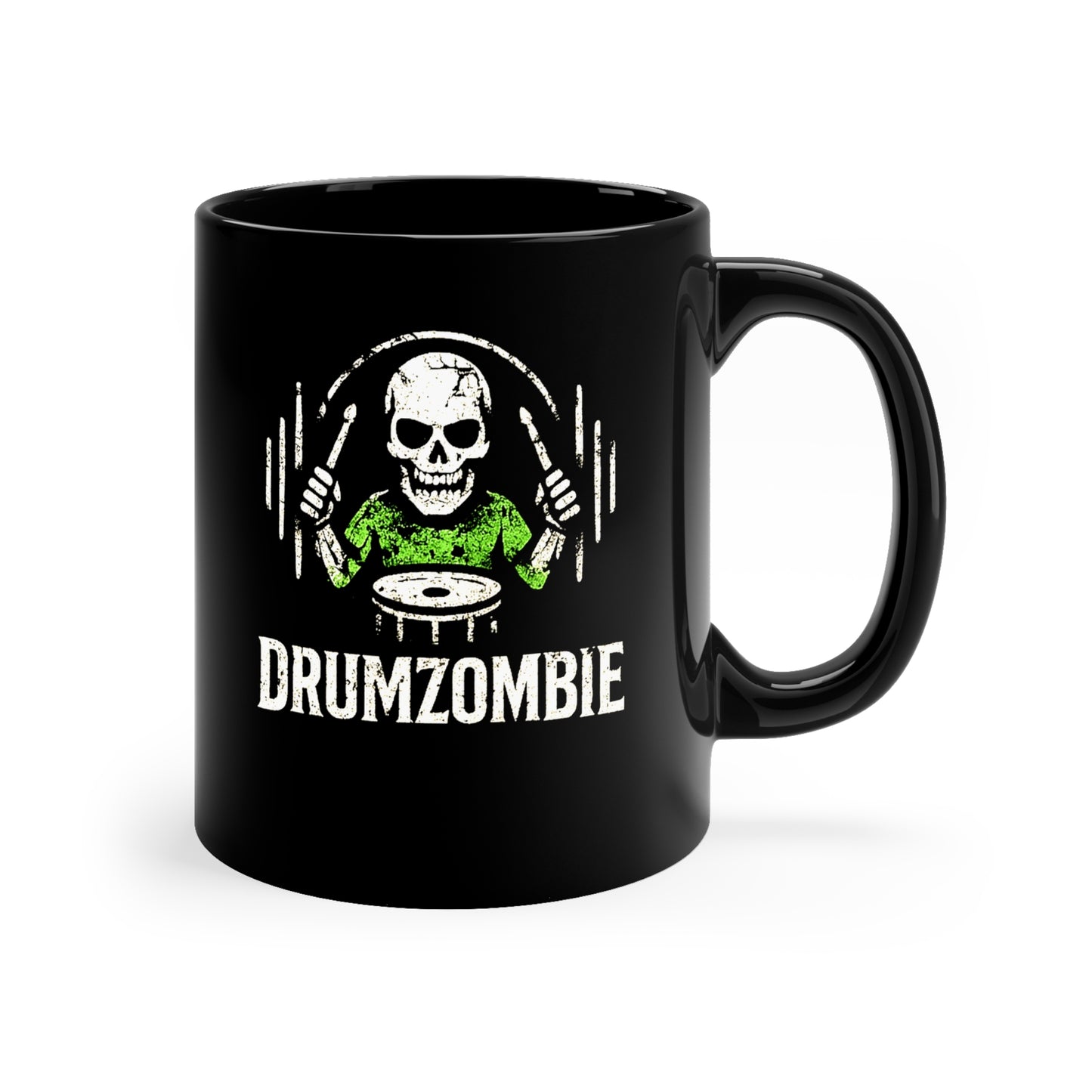 Drumzombie Coffee Mug, Skull Drummer Gift, Black Ceramic Coffee Cup for Musicians, Halloween Decor, Drummer's Present