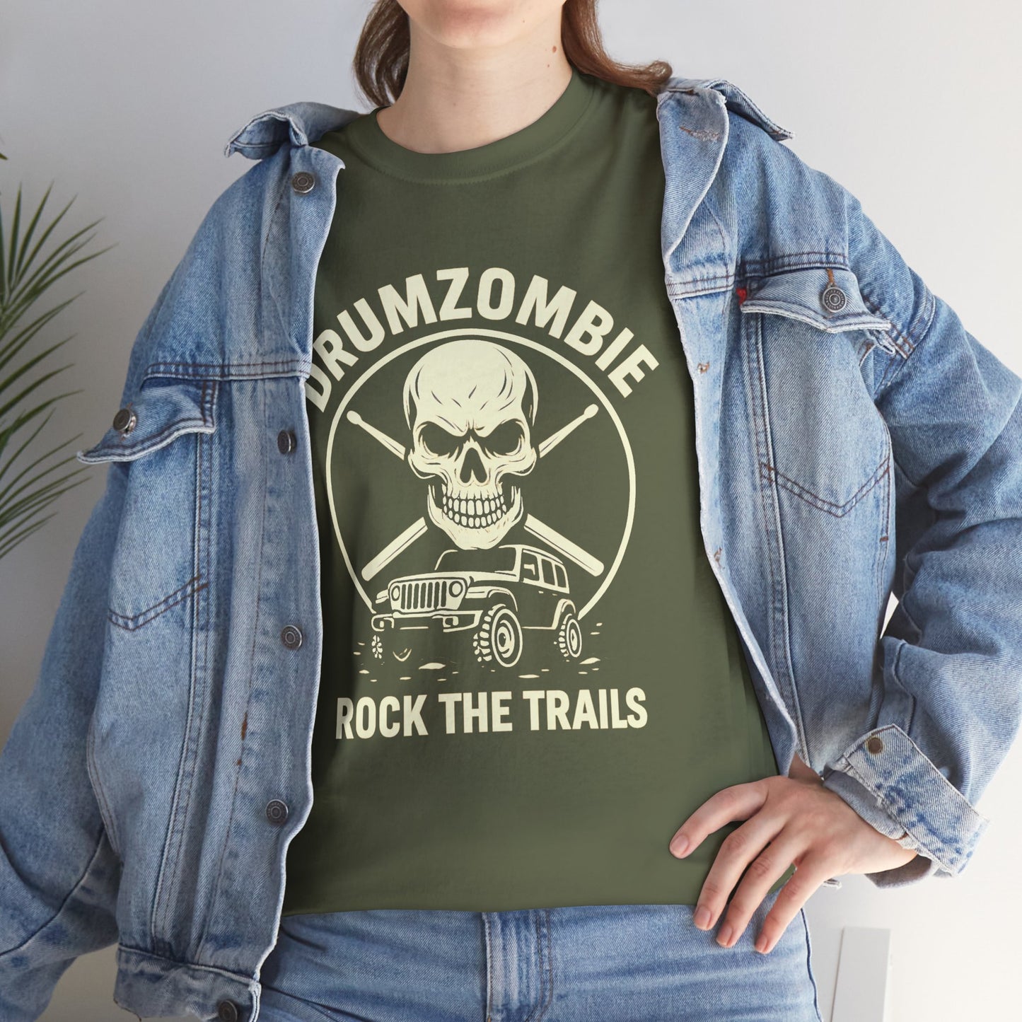 DrumZombie Rock the Trails T-Shirt | Skull & Jeep Graphic Tee for Off-Roaders, Drummers, Music Fans