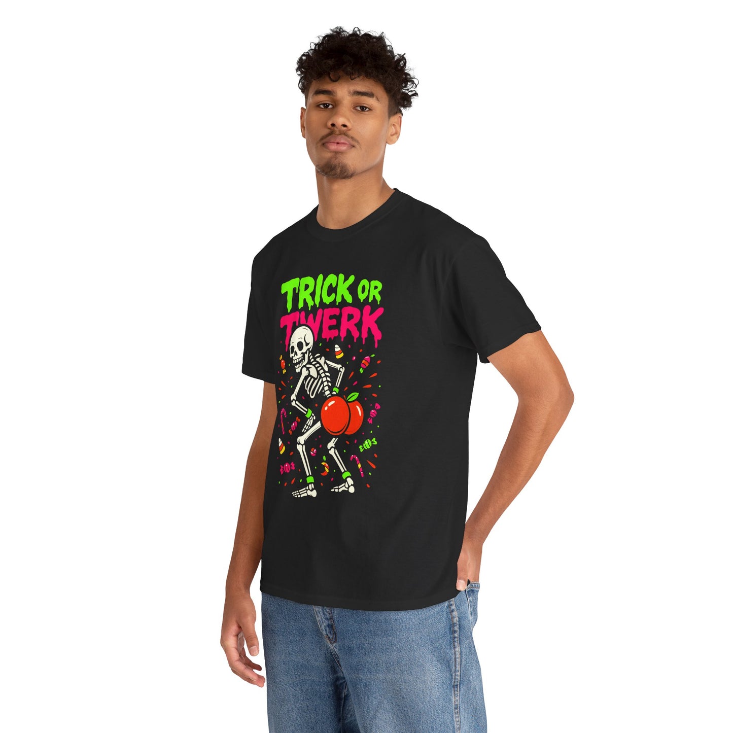 Person wearing a black t-shirt with 'Trick or Twerk' design on a white background
