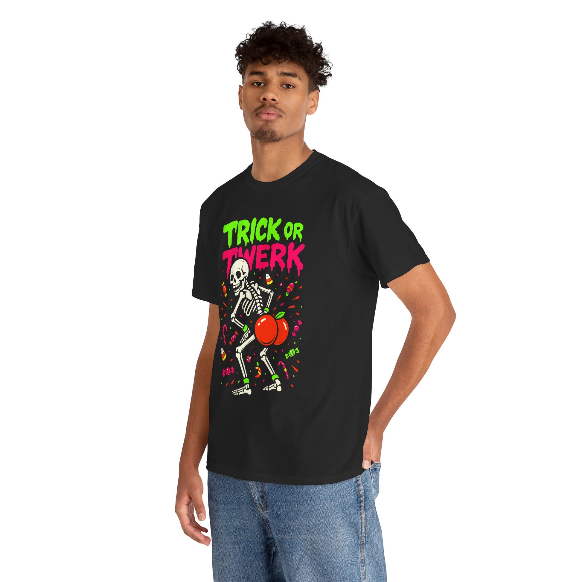 Person wearing a black t-shirt with 'Trick or Twerk' design on a white background