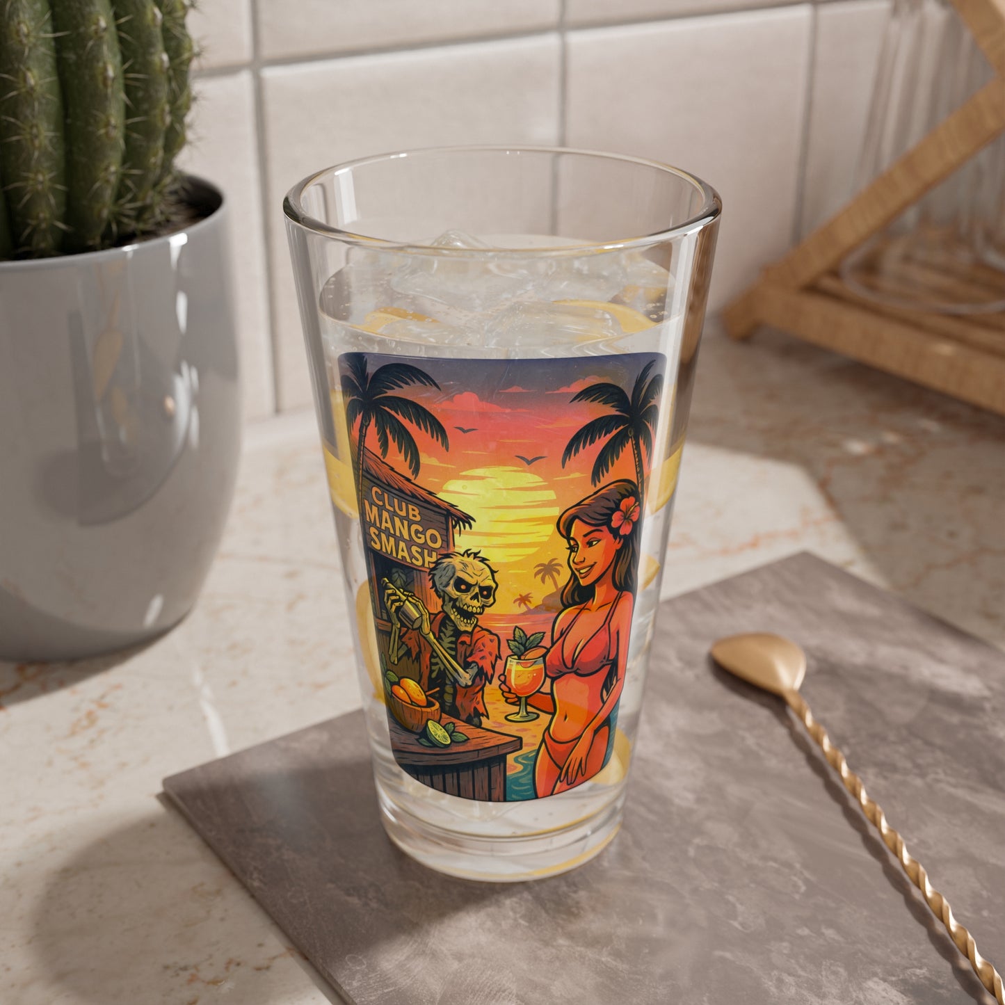 DrumZombie Mango Smash Mixing Glass – 16oz Tiki Bar Cocktail Shaker Glass with Tropical Undead Art
