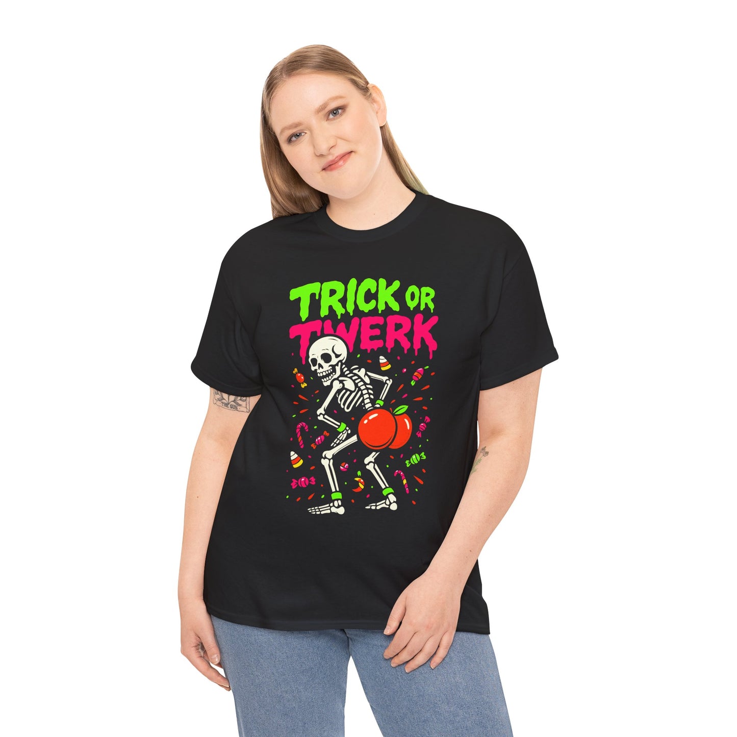 Person wearing a black t-shirt with 'Trick or Thwark' design on a white background