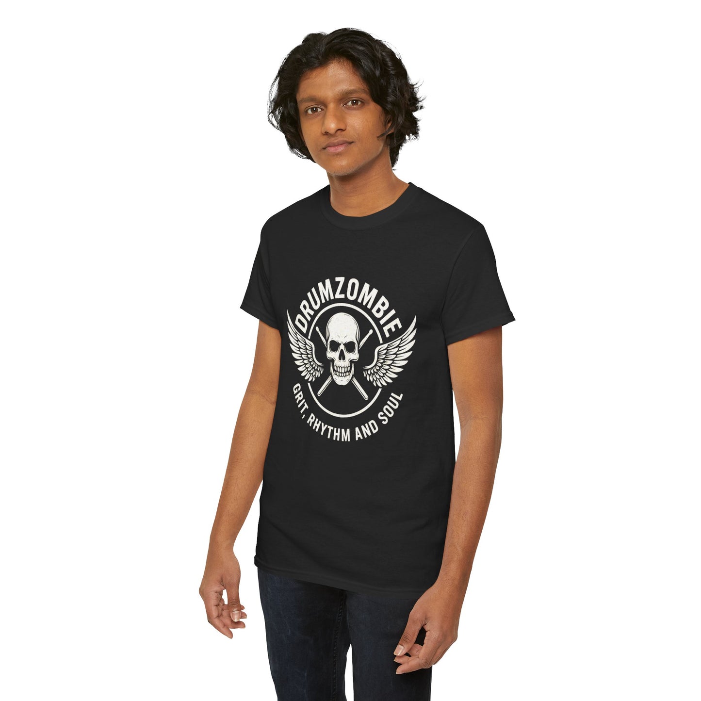 DrumZombie Grit, Rhythm and Soul Tee | Winged Skull Graphic Shirt for Musicians, Drummers, and Rock Fans