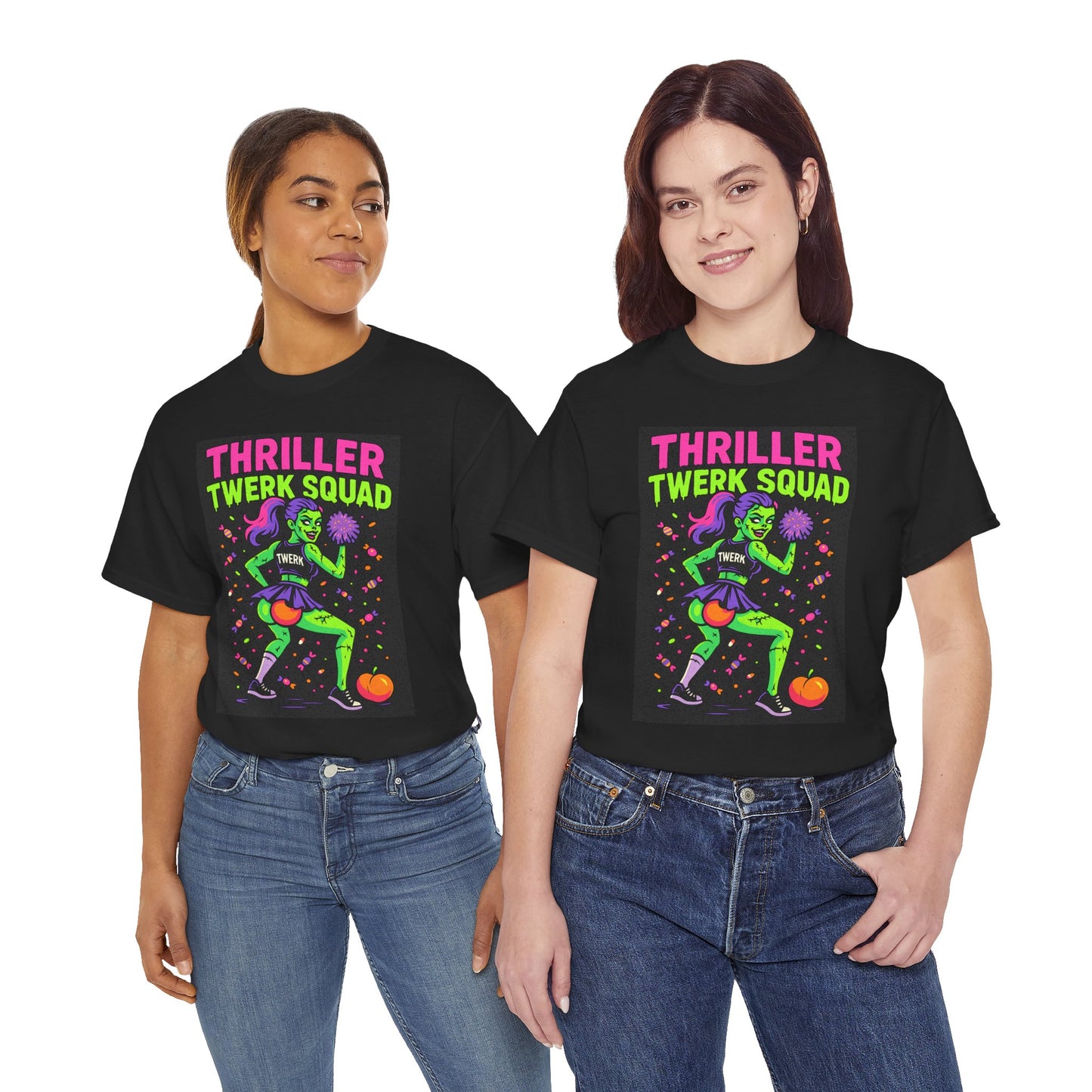 Thriller Twerk Squad Halloween shirt featuring Zara Splitskull supernatural cheerleader design on premium black cotton tee