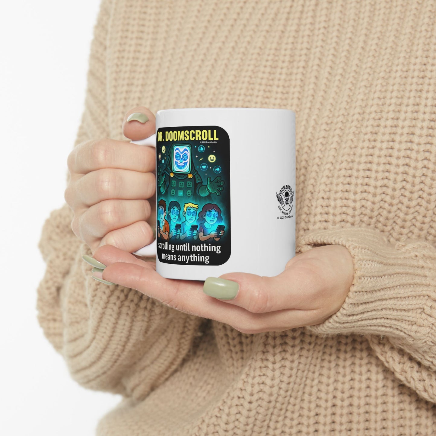 Dr. DoomScroll White Mug – Dark Weird Anti-Scrolling Coffee Cup