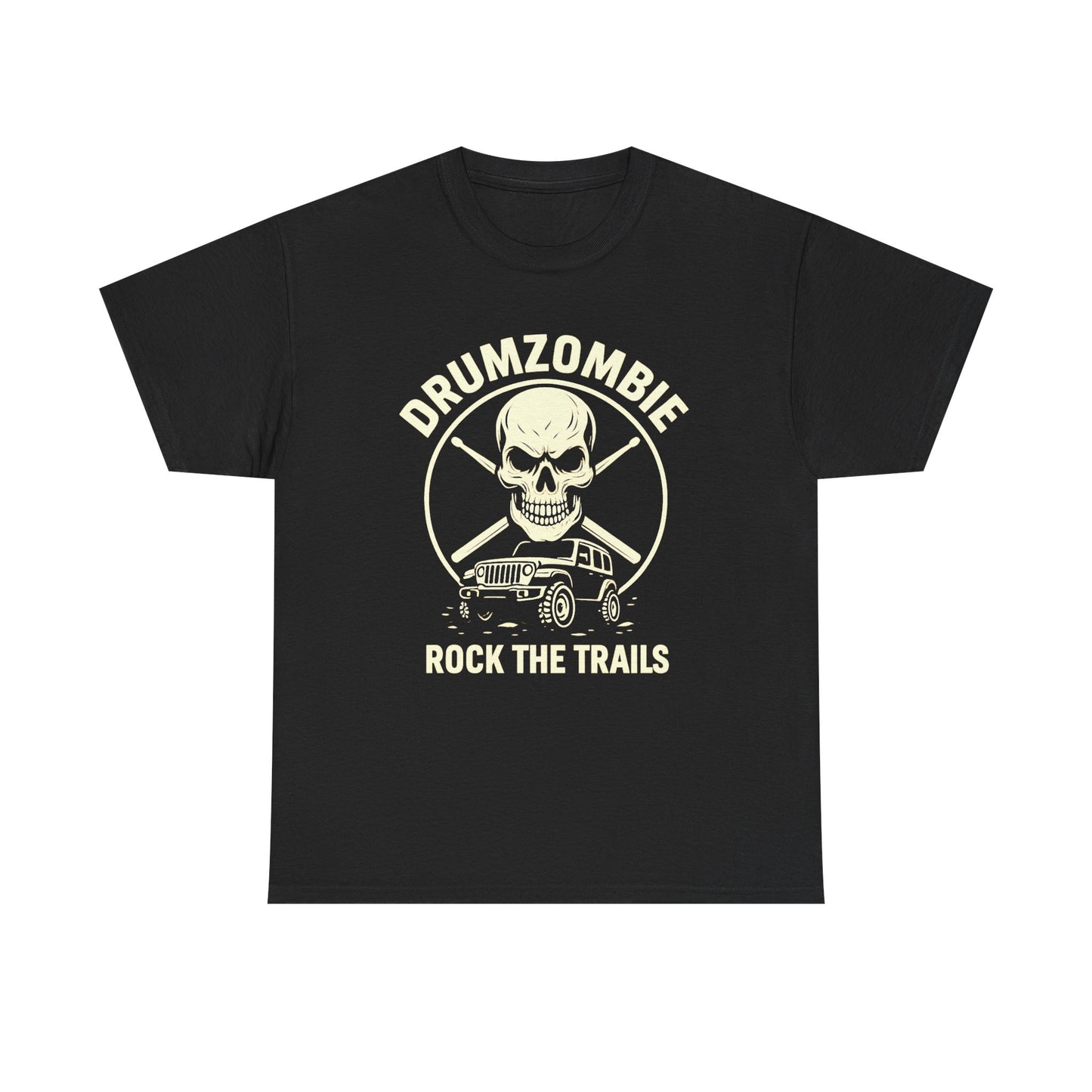 DrumZombie Rock the Trails T-Shirt | Skull & Jeep Graphic Tee for Off-Roaders, Drummers, Music Fans
