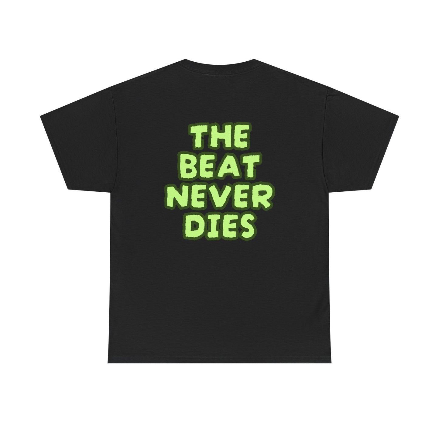Back view "The Beat Never Dies" text on Sharp Dressed Ghoul drummer Halloween shirt
