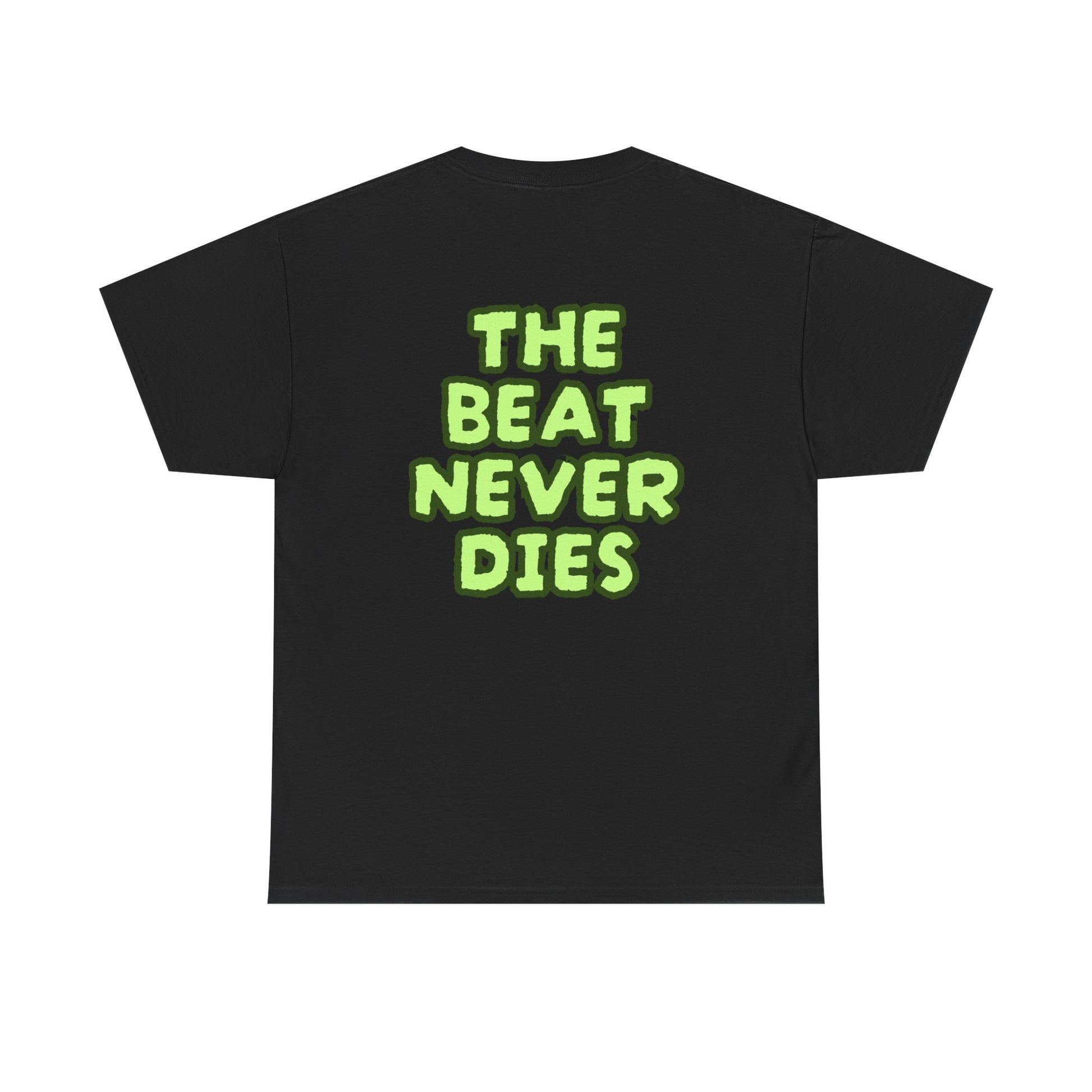Back view "The Beat Never Dies" text on Sharp Dressed Ghoul drummer Halloween shirt