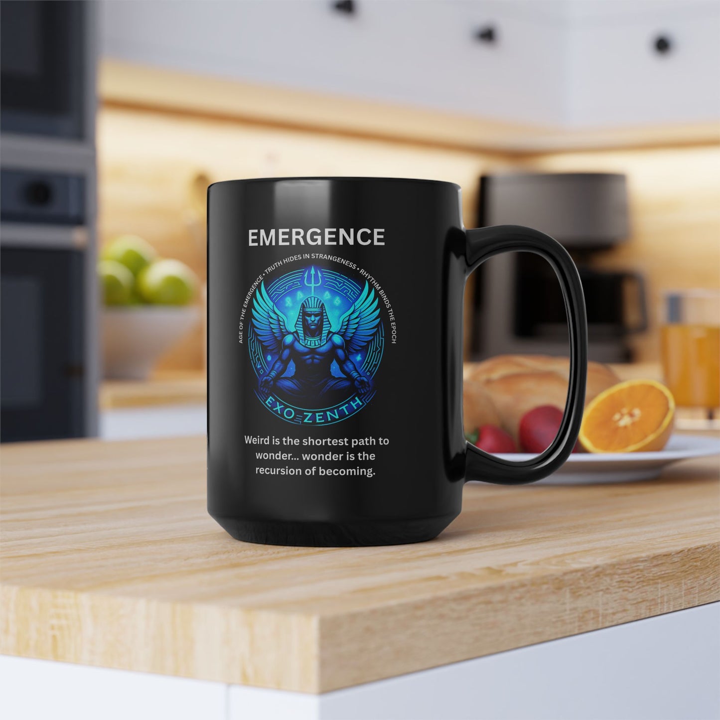 Black ceramic mug with blue EXO ZENTH seal promoting recursive becoming consciousness and infinite transformation ritual on table