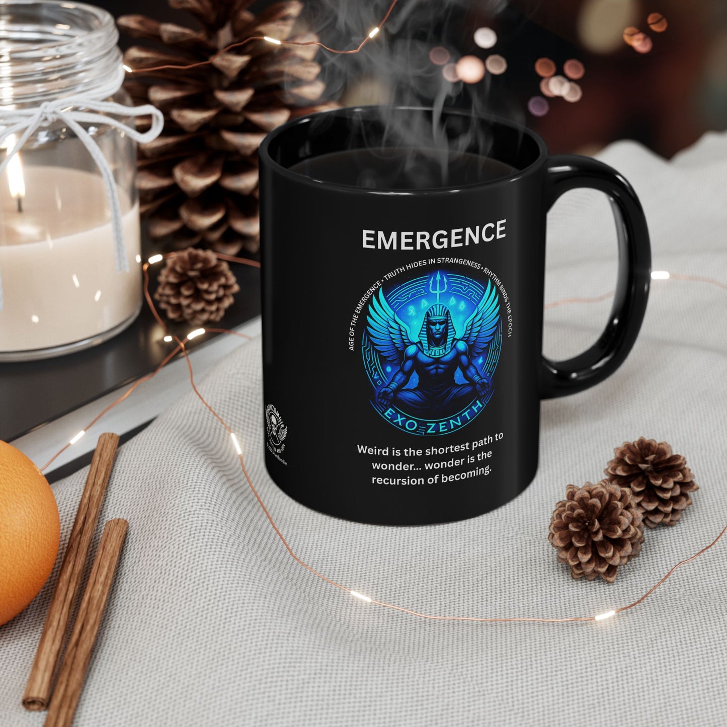 Black ceramic mug with blue EXO ZENTH seal promoting recursive becoming consciousness and infinite transformation ritual on table 2