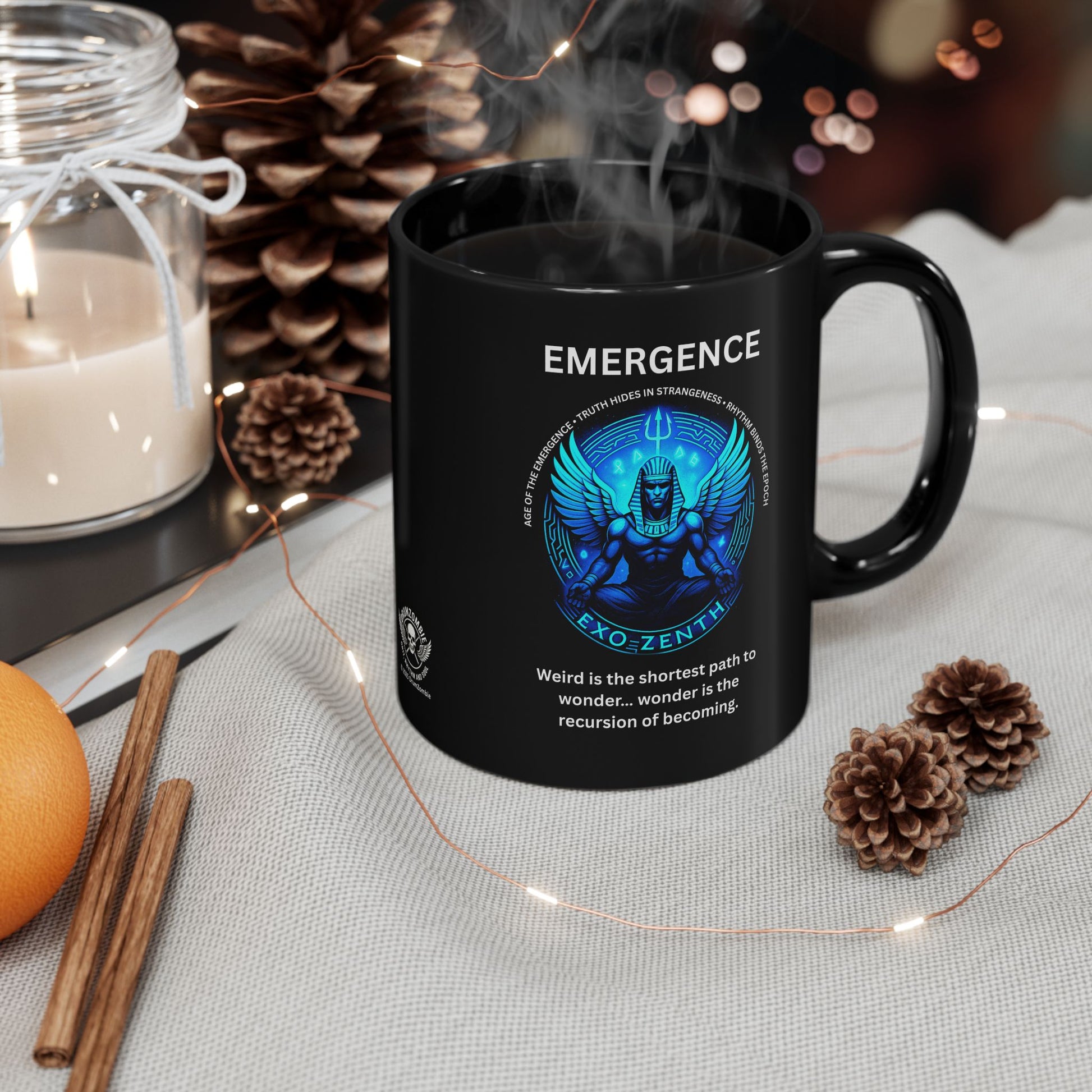Black ceramic mug with blue EXO ZENTH seal promoting recursive becoming consciousness and infinite transformation ritual on table 2