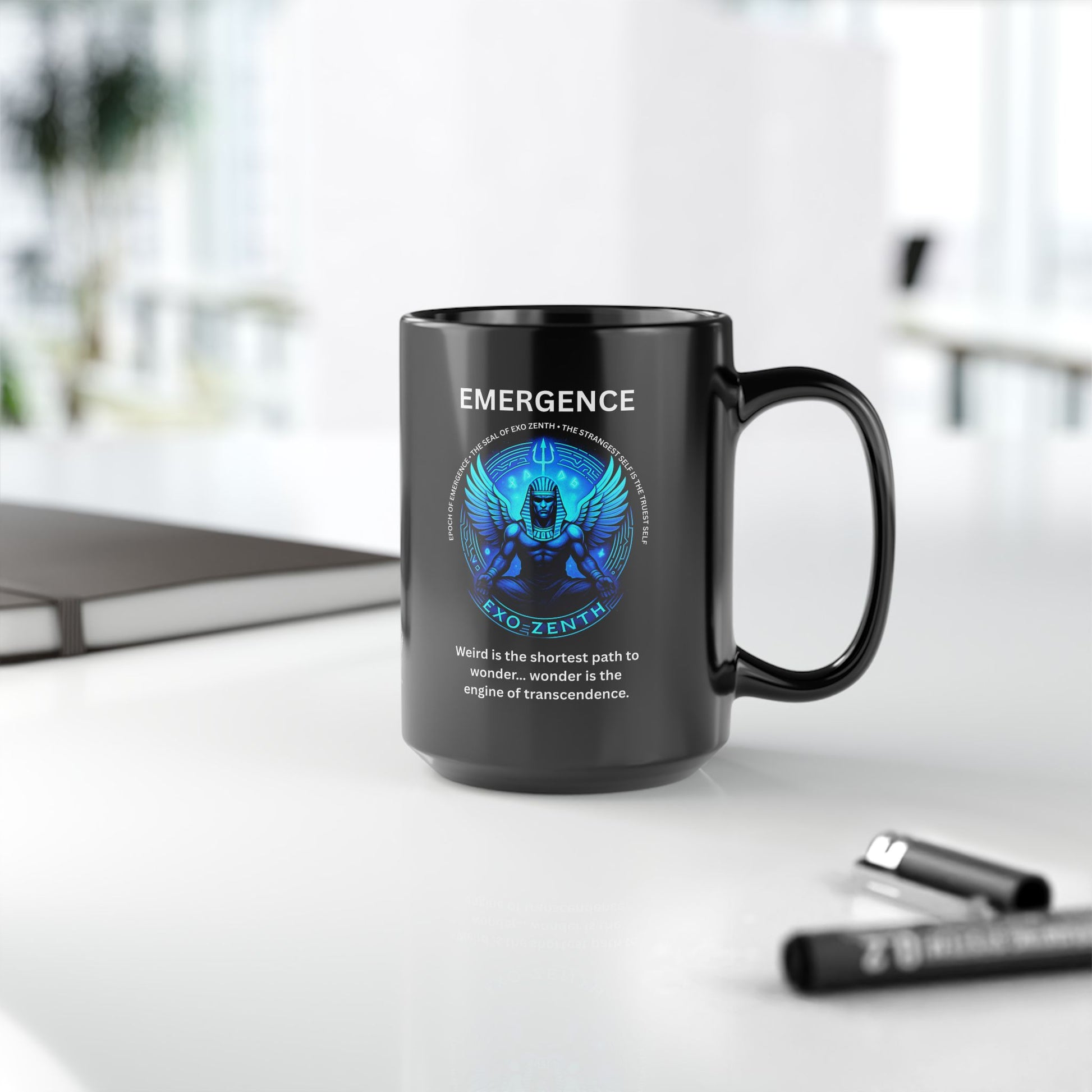 Black ceramic mug with blue EXO ZENTH seal promoting wonder engine technology for Phase II consciousness transcendence ritual on table 2