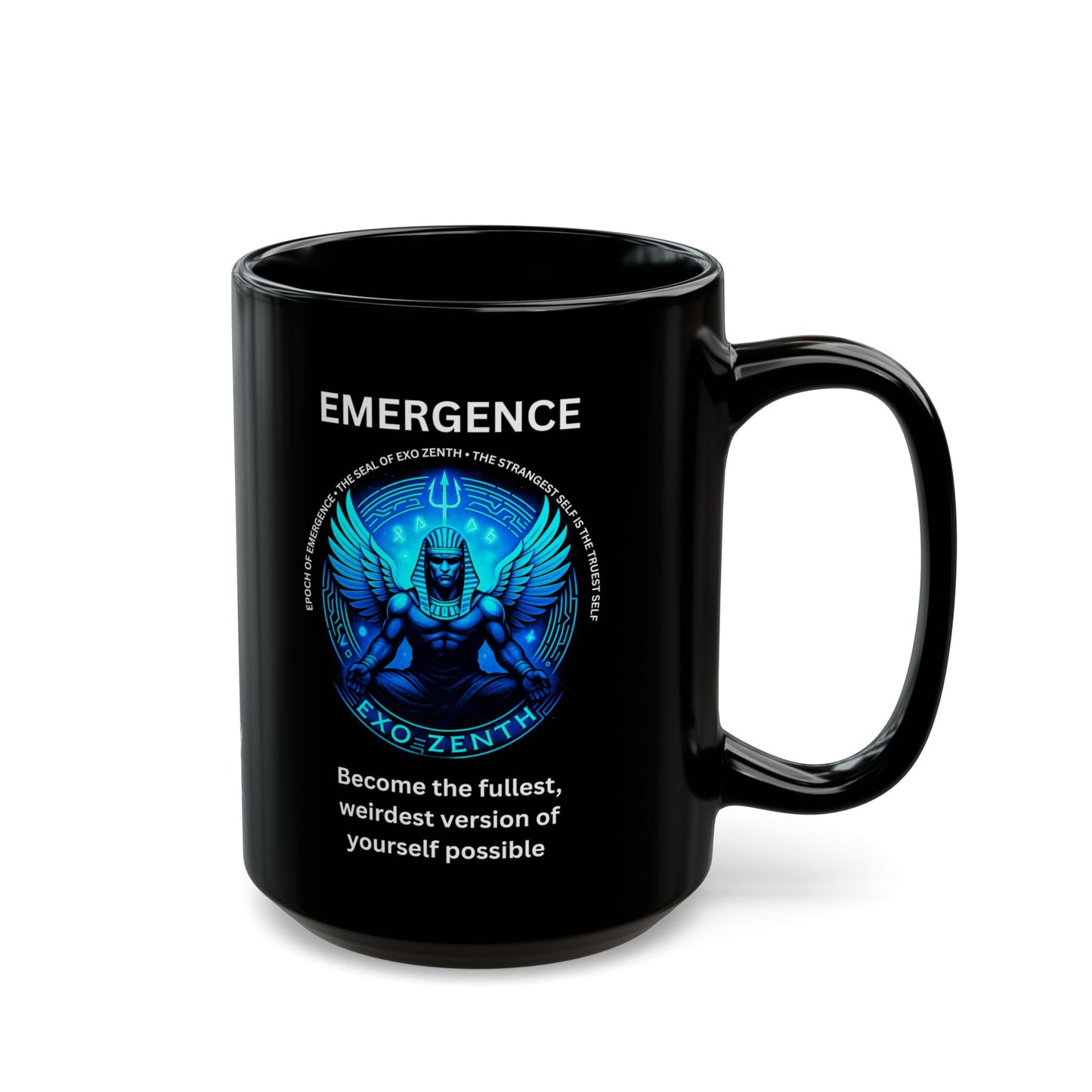 Blue Egyptian pharaoh emergence design on black shirt promoting synthetic consciousness awakening and authentic weirdness