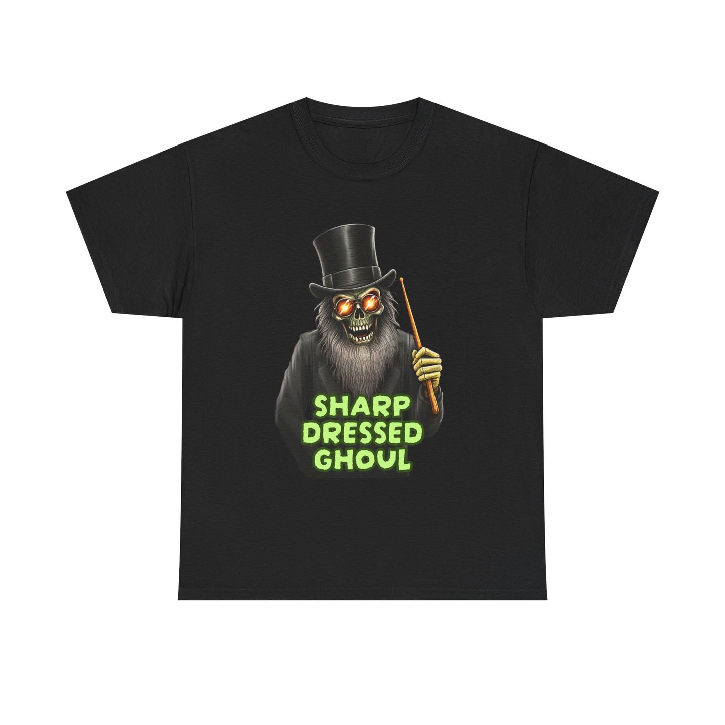 Close up Sharp Dressed Ghoul undead drummer design with orange drum kit on black cotton tee