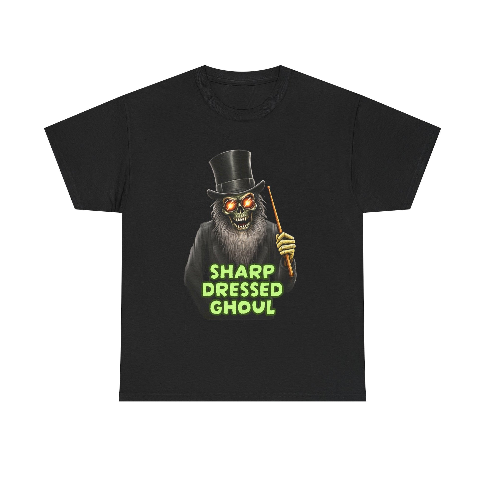 Close up Sharp Dressed Ghoul undead drummer design with orange drum kit on black cotton tee