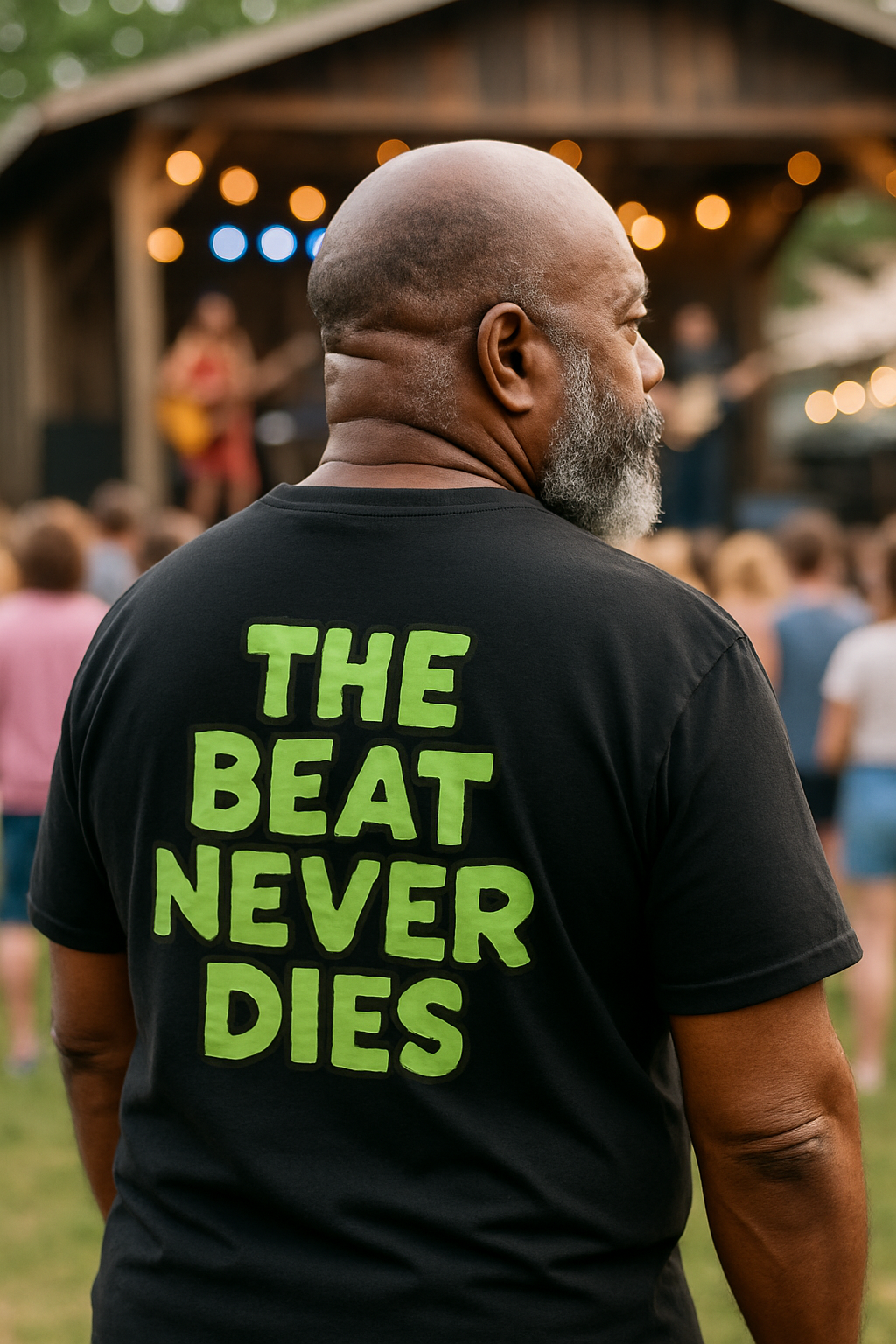 Model showing Back view "The Beat Never Dies" text on Sharp Dressed Ghoul drummer Halloween shirt