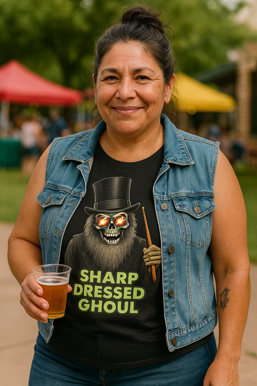 Model wearing Sharp Dressed Ghoul premium cotton Halloween drummer shirt