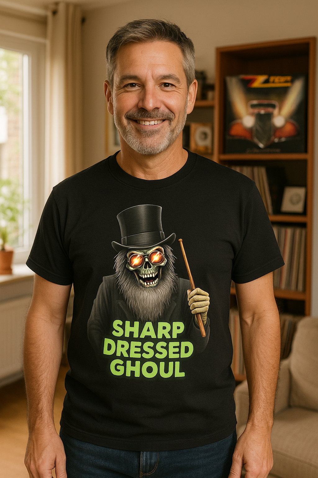 Model wearing Sharp Dressed Ghoul premium cotton Halloween drummer shirt